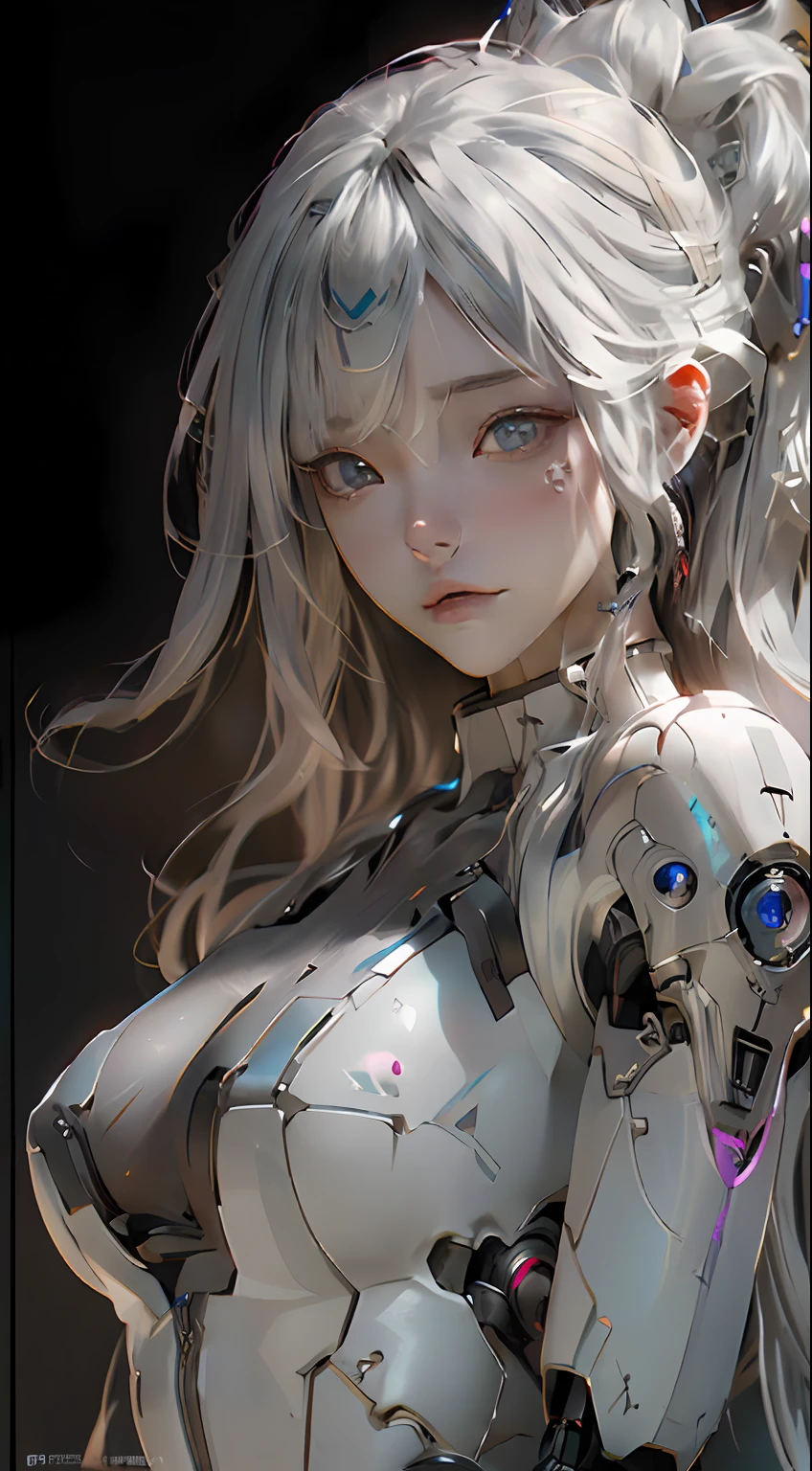 a cross and a rose in her hair, gothic maiden girl, (Best Quality), ((Masterpiece), (Detail: 1.4), 3D, A Beautiful Cyberpunk Woman, HDR (High Dynamic Range), Ray Tracing, NVIDIA RTX, Super-Resolution, Unreal 5, Subsurface Scattering, PBR Textures, Post-Processing, Anisotropic Filtering, Depth of Field, Maximum Sharpness and Clarity, Multi-layer Textures, Albedo and Highlight Maps, Surface Shading, Exact simulation of light-material interactions, perfect proportions, Octane Render, bicolor light, large aperture, low ISO, white balance, rule of thirds, 8K RAW, close-up of a woman with very long hair and a very large body, perfect anime robot woman, anime robot with organic mix, best anime 4K konachan wallpaper, detailed digital anime art, beautiful girl cyborg, portrait of cyborg queen, cyborg - silver girl, biomechanics oppai, Digital cyberpunk anime art
