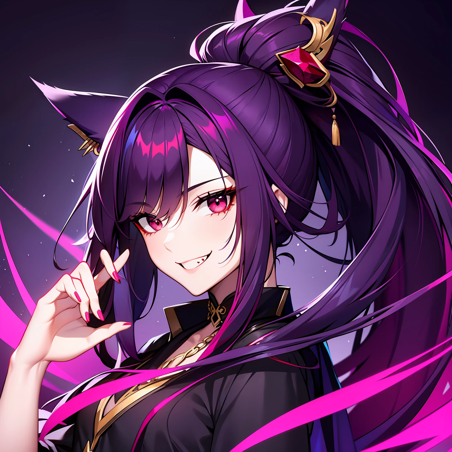 Young guy, pretty facial features, long dark purple hair, half gathered in messy ponytail, half loose, dangerous bright red eyes, black fit clothes with many jewels, fox ears and tail, mad smile