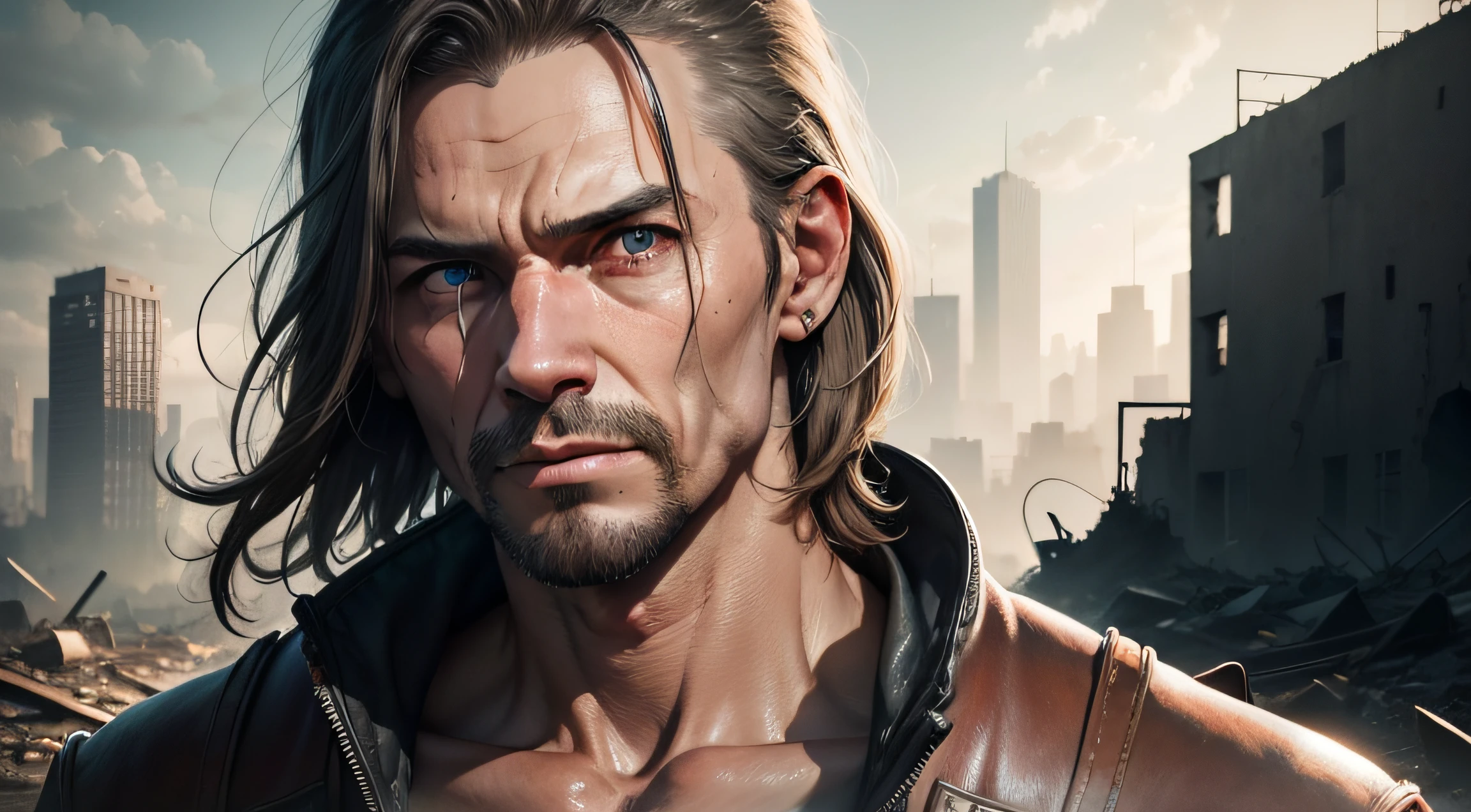 RAW photo, a close up portrait photo of brutal 45 y.o man in wastelander clothes, long haircut, pale skin, slim body, background is city ruins