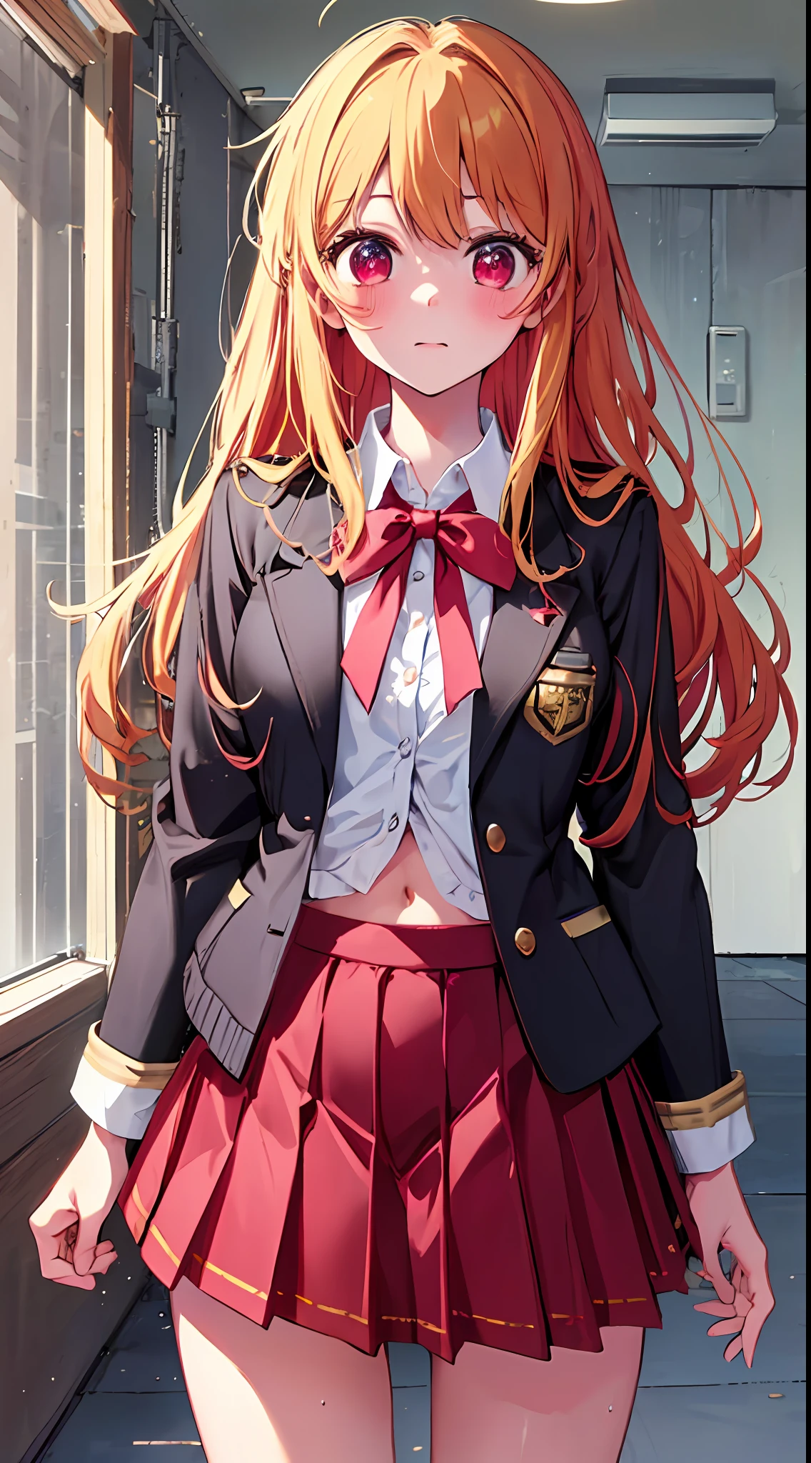 main girl is beautiful and cute, "neat and bright uniform coordination", full body, full body illustration, best illustration, , realistic and elaborate uniform, high school uniform, ((highest quality)), ((masterpiece)), (detail: 1.4), anatomical, award-winning concept art, beautiful, fine details, portrait, look viewer, (full body view)), 1 girl, full body, solo, 6 years old, elementary schnt, child a, semi-long hair, red and pyes, large eyes, the pupil of the left eye is star-shaped, characteristic pupil of the left eye, pupil of the left eye clear, pupil of the left eye detailed, dark brown blazer, maroon sweater, long checked skirt, dark green and maroon skirt, black hyso, orange large ribbon, white blouse, underwear, panties, skirt, white panties, wet, shirt, wet clothes, skirt lift, blush, classroom, navel,lift under chest, clothing lift, easy background, lifting clothes, uniform, Japan cute school uniform, blazer, look away, short sleeve, loli, skinny, elementary, loli, baby face, cute, young appearanc fantastic visual depictio profeffects, beautiful girl, petite girl, sweaty transparent clothes, unevenness, absurdity, Heel up loafelden hair, red and pink eyes, the main girl is beautiful and cute