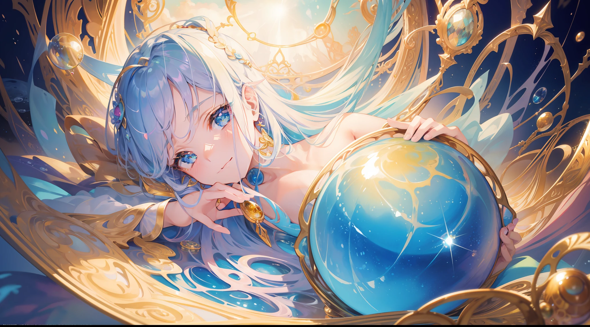 masterpiece, best quality, 8k resolution, sharp focus, intricate detail, beautiful girl, sparkling eyes, golden ratio face, otherworldly liquid, watercolor, pastel colors, bright colors, whimsical, colorful, sharp focus, high resolution, fine detail, fantasy ballgown, ((round eyes)), iridescent bubbles, magical