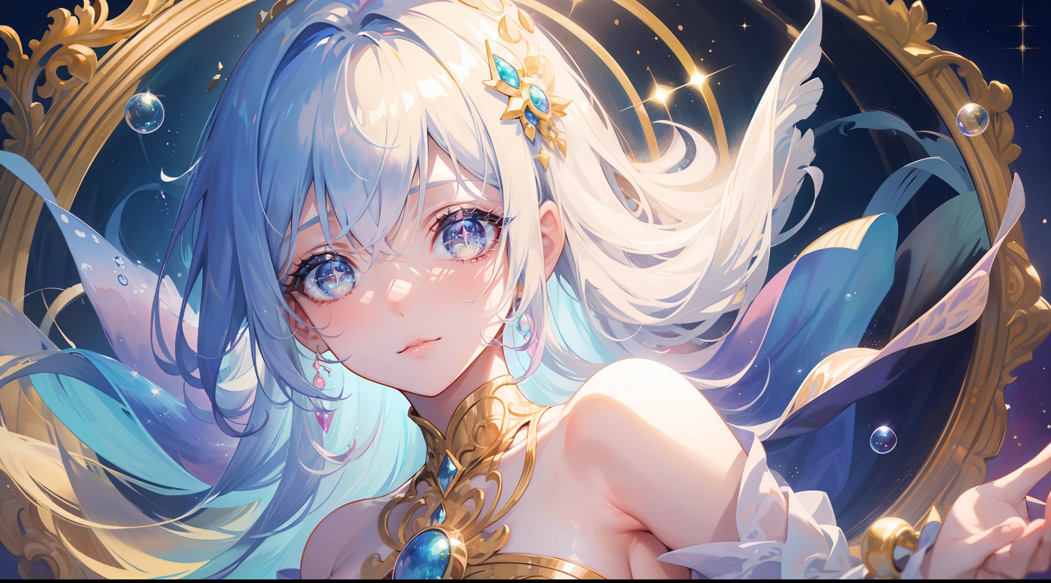 masterpiece, best quality, 8k resolution, sharp focus, intricate detail, beautiful girl, sparkling eyes, golden ratio face, otherworldly liquid, watercolor, pastel colors, bright colors, whimsical, colorful, sharp focus, high resolution, fine detail, fantasy ballgown, ((round eyes)), iridescent bubbles, magical