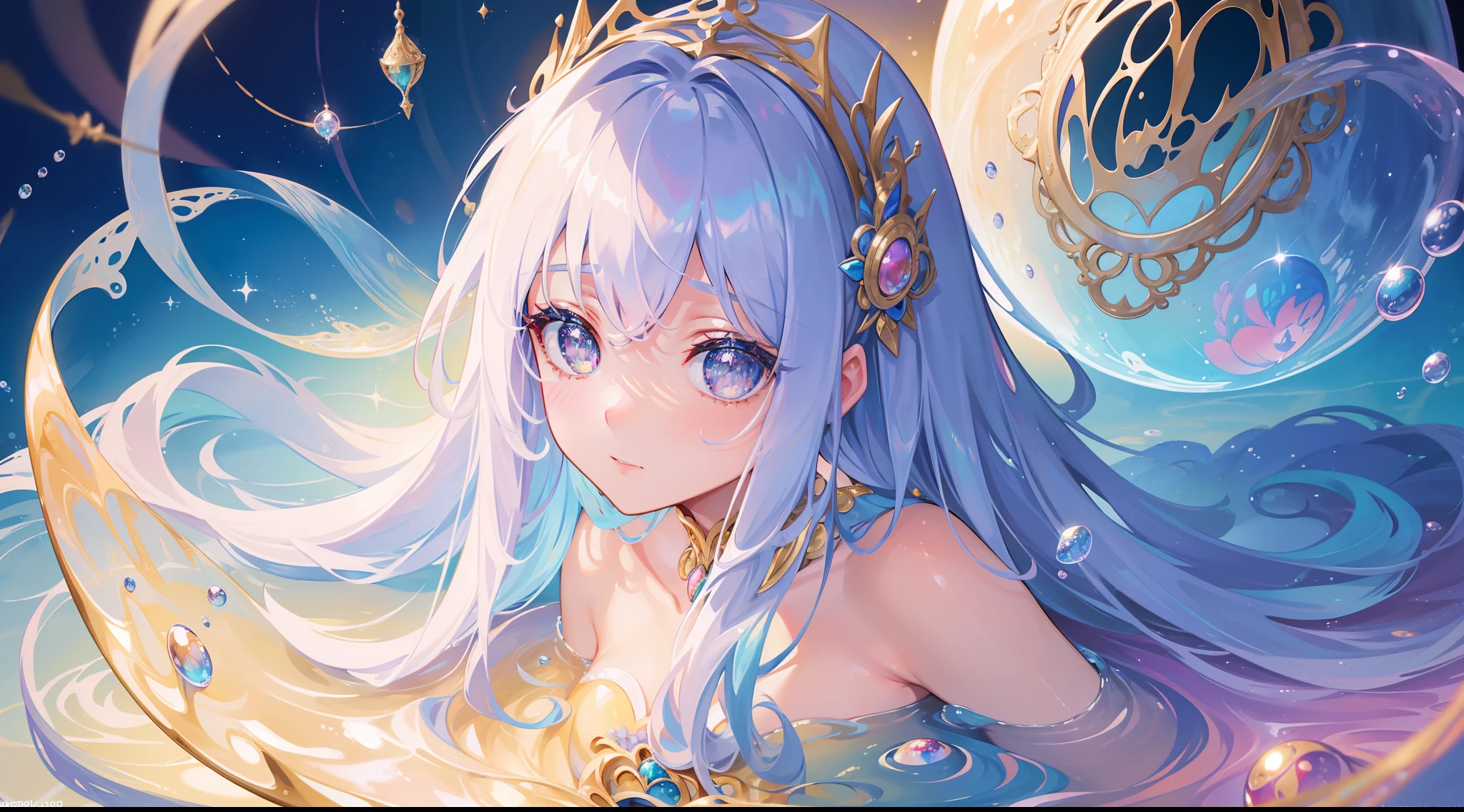 masterpiece, best quality, 8k resolution, sharp focus, intricate detail, beautiful girl, sparkling eyes, golden ratio face, otherworldly liquid, watercolor, pastel colors, bright colors, whimsical, colorful, sharp focus, high resolution, fine detail, fantasy ballgown, ((round eyes)), iridescent bubbles, magical