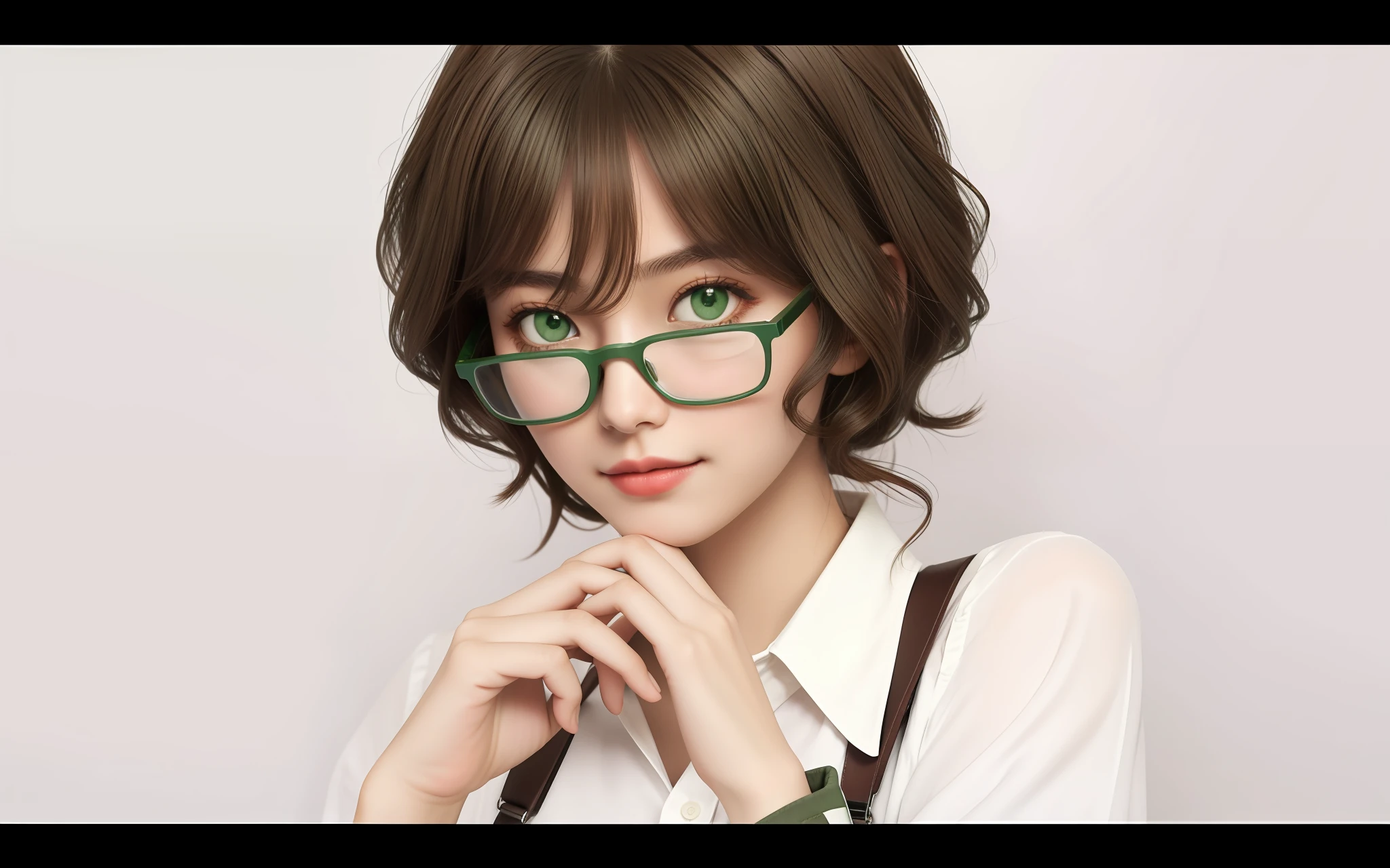 Girl posing for photo wearing glasses and coffee-colored suspenders, Green eyes,short wavy brown hair,Don't see your hands in the picture