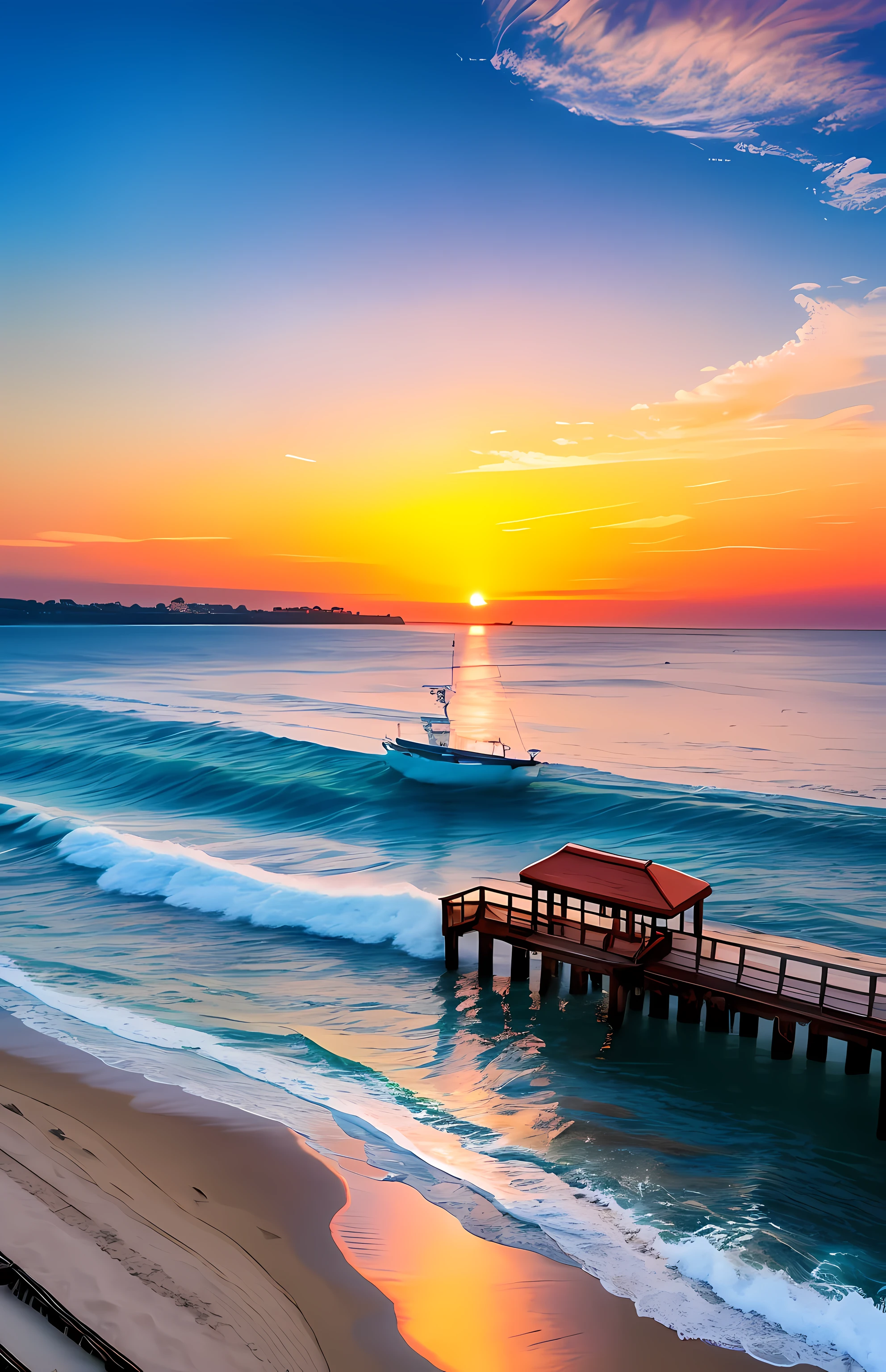 there is a picture of a beach with a pier and a boat, beautiful sea landscapes, shutterstock, nice sunset, beautiful italian beach scene, amazing background, beautiful waves in sea, best on adobe stock, which shows a beach at sunset, beautiful high resolution, stunning waves, beautiful morning, beautiful sunrise, beautiful photo, vibrant vivid colors