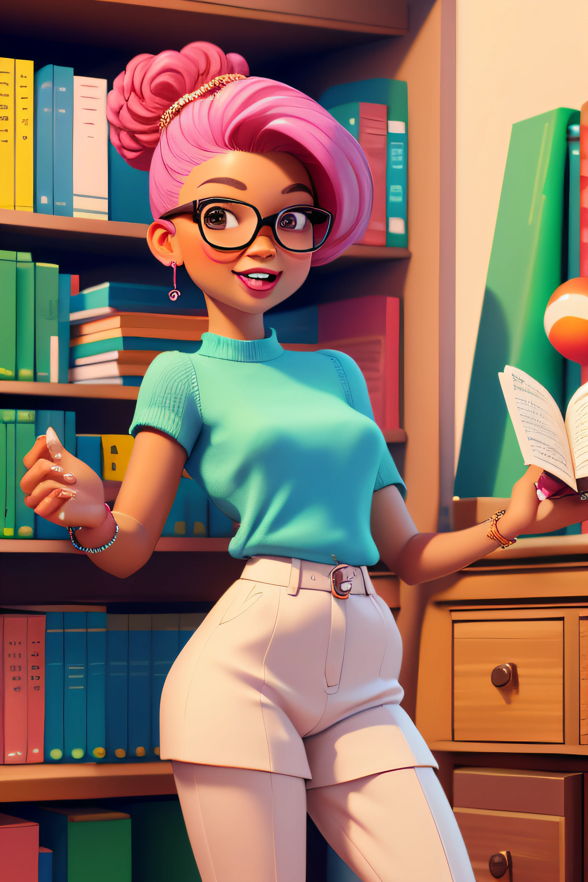 3dcharacter, 1 menina, mulher adulta das Maldivas, sardas, hazelnut eyes, frohawk rosa, jammers, (corpo inteiro: 1.2), fundo simples, obra-prima, melhor qualidade, (fundo gradiente de ameixa clara: 1.1), She's in a library holding a book