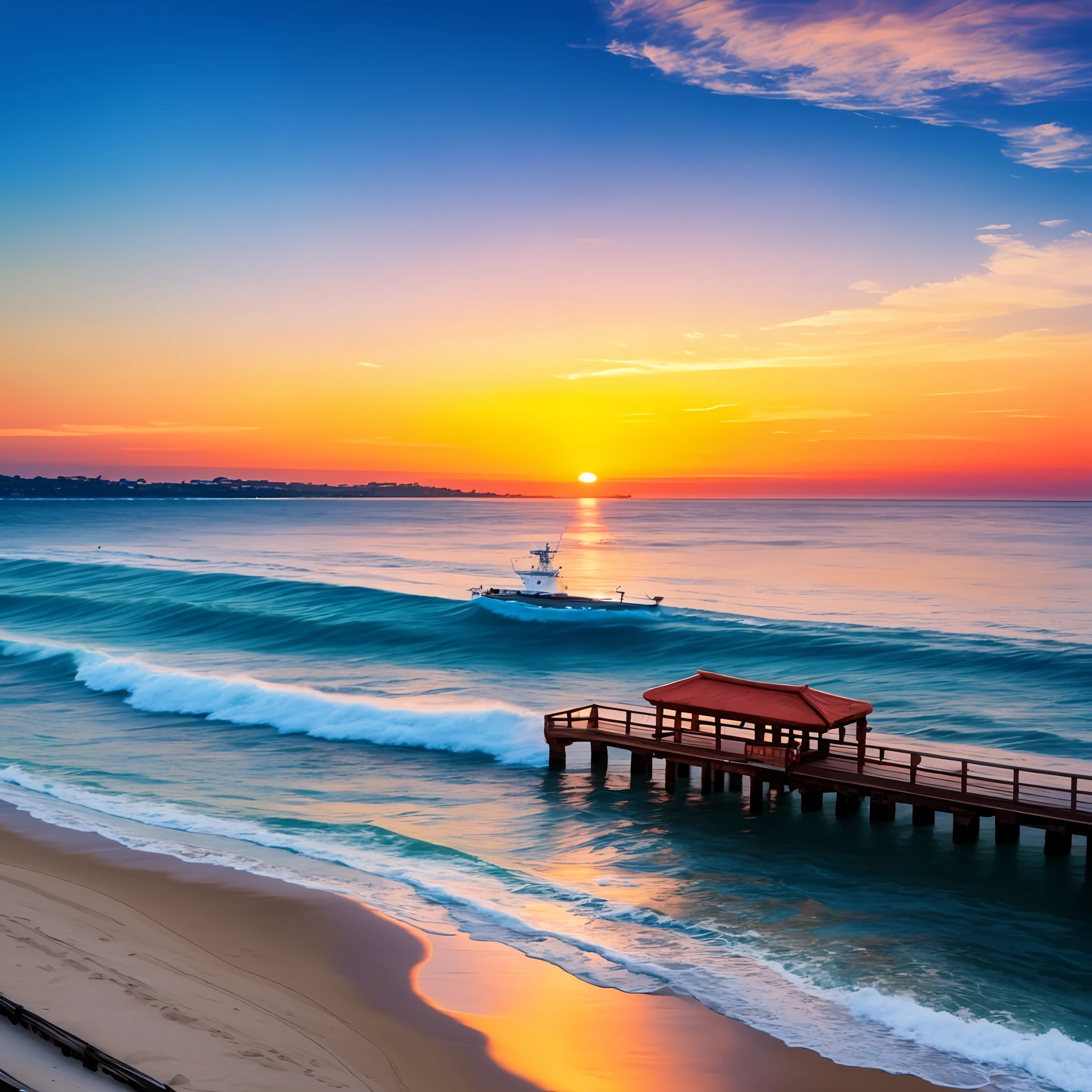 there is a picture of a beach with a pier and a boat, beautiful sea landscapes, shutterstock, nice sunset, beautiful italian beach scene, amazing background, beautiful waves in sea, best on adobe stock, which shows a beach at sunset, beautiful high resolution, stunning waves, beautiful morning, beautiful sunrise, beautiful photo, vibrant vivid colors