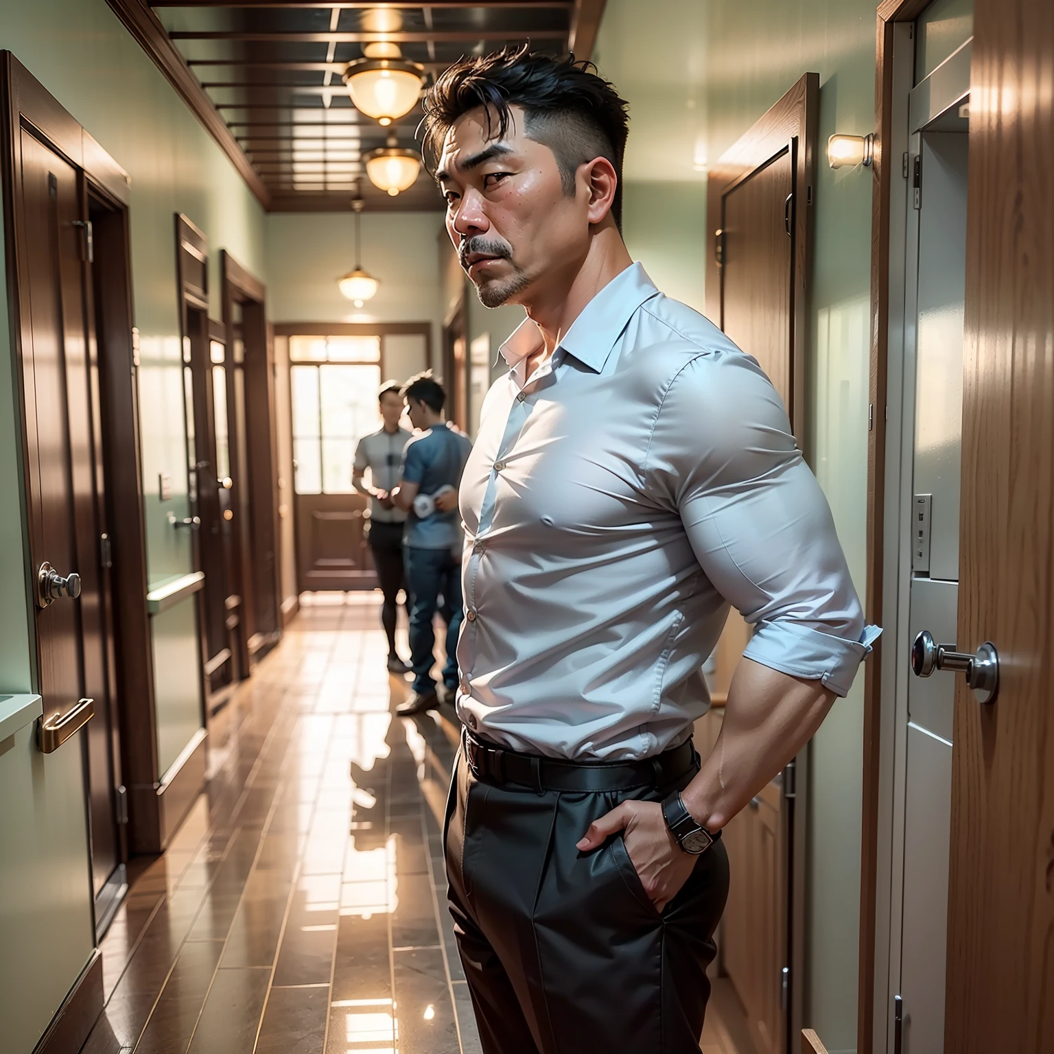 You see several identical middle-aged Asian men, wearing the same kind of shirt, standing at different spots in the house, without looking at you