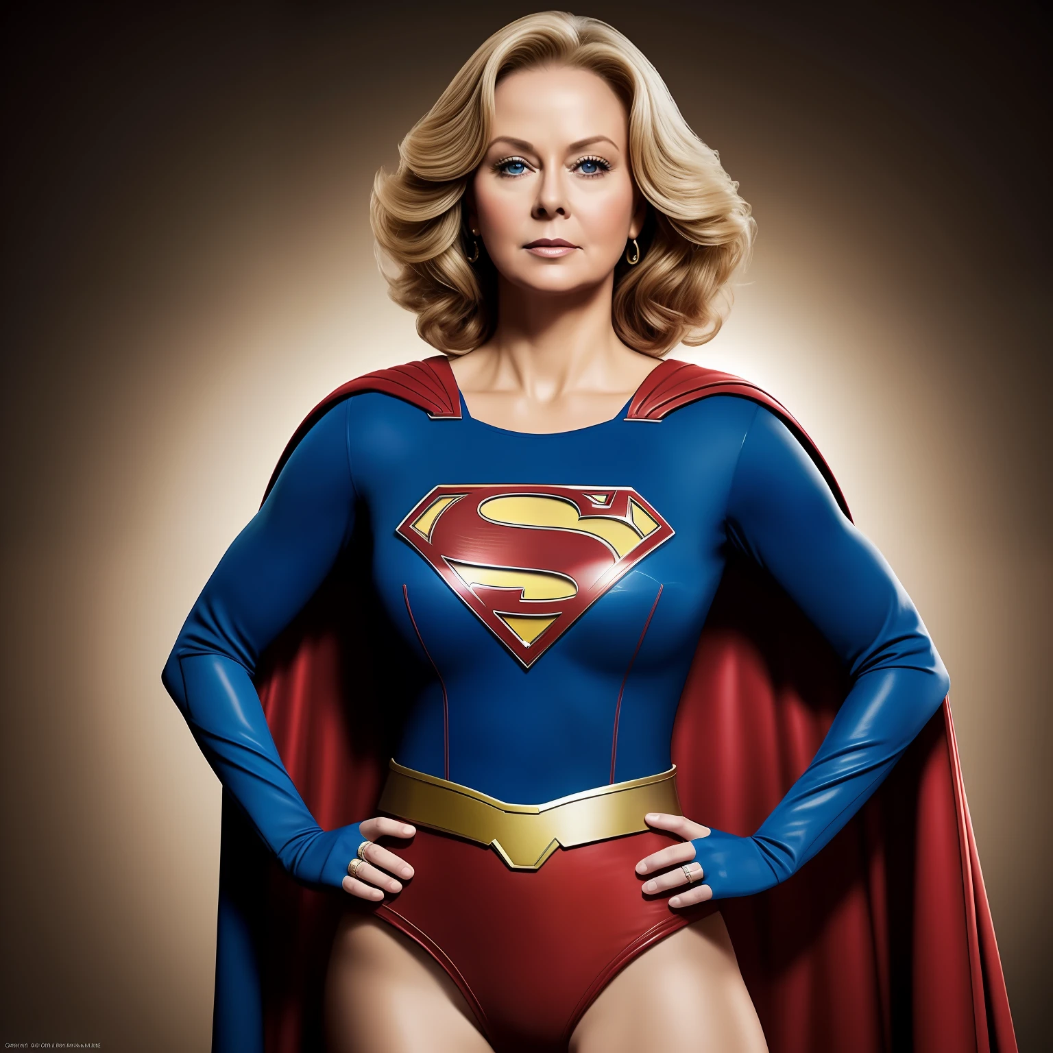Jean Smart vestida como um super-girl com uma capa e blusa azul, colada no corpo, super foto realista, Superhero portrait, Supergirl filme de 1984, Cortpo sexy, retrato vfx altamente detalhado de, cabelos andulados, super fotorrealista |, Super-homem, Foto retrato, super-realista, Arte 4K, Retrato ultra realista