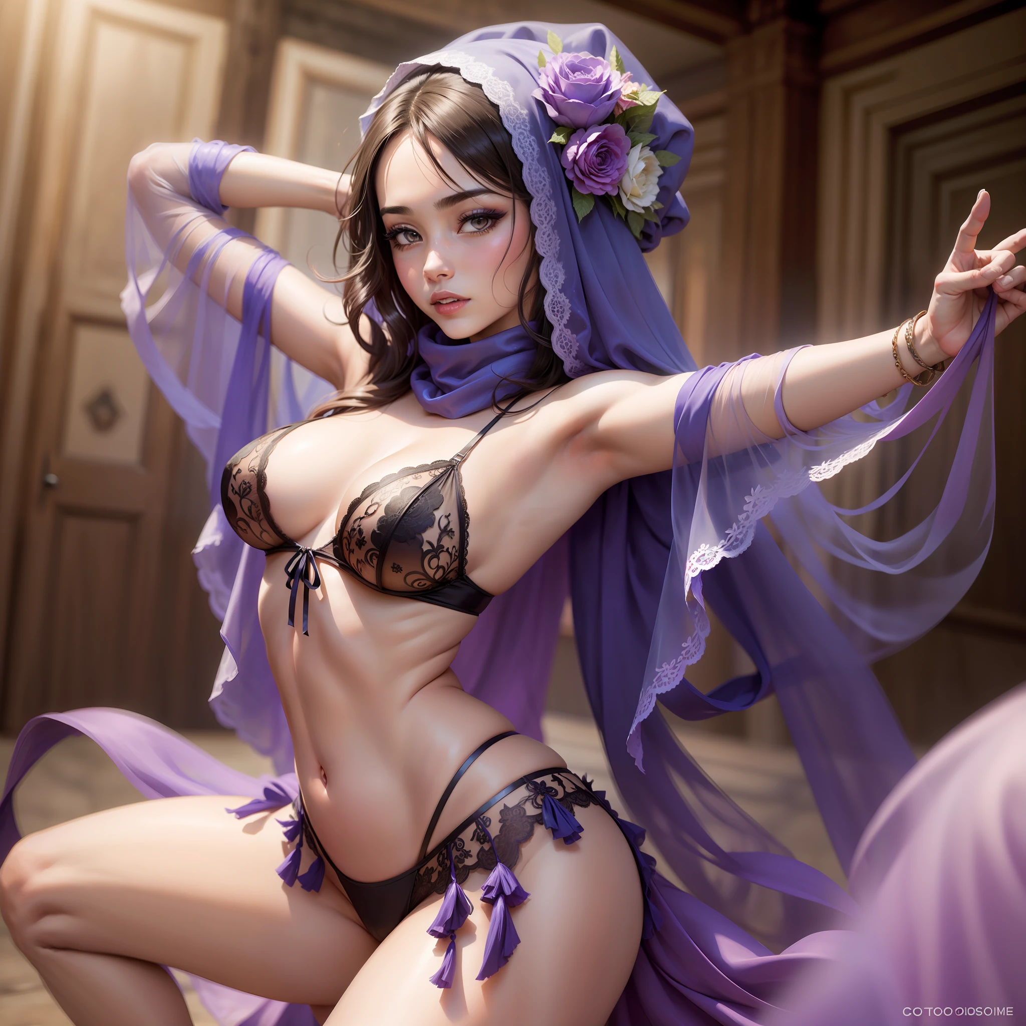 Exotic dancer with veil and silk scarves. Bailando en una jaima llena de cogines de colores