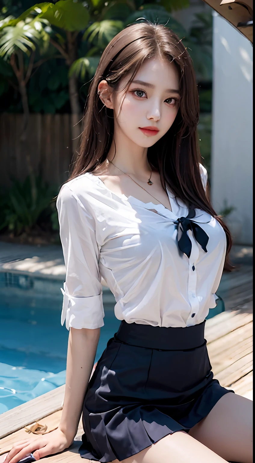 ((top-quality、8K、​masterpiece:1.3))、Crisp focus:1.2、Beautiful woman with perfect body shape:1.4、Slender Abs:1.2、((Colossal tits:1.2))、(Wet white button-up long shirt:1.1)、(Sunny、in poolside:1.2)、a wet body:1.5、Highly detailed facial and skin texture、A detailed eye、二重まぶた、Pleated skirt、White blouses、Female School Uniform、The shirt、Ribbon tie、pleatedskirt、Schools、8K raw photos、hight resolution、19-year-old Korean、very large round breasts、beautiful eyes finely detailed、long eyeslashes、Beautiful double eyelids、eyeshadows、eye line、Slender eyes、elongated eye shape、Sanpaku eyes、Dark Eye Makeup、evil smile、Beautiful and thin legs、Random longhair、Tie your hair behind your head、耳Nipple Ring、a necklace、light brown hair、Cheerful pose、Kamimei、Angle from above、Valley、Blur the background