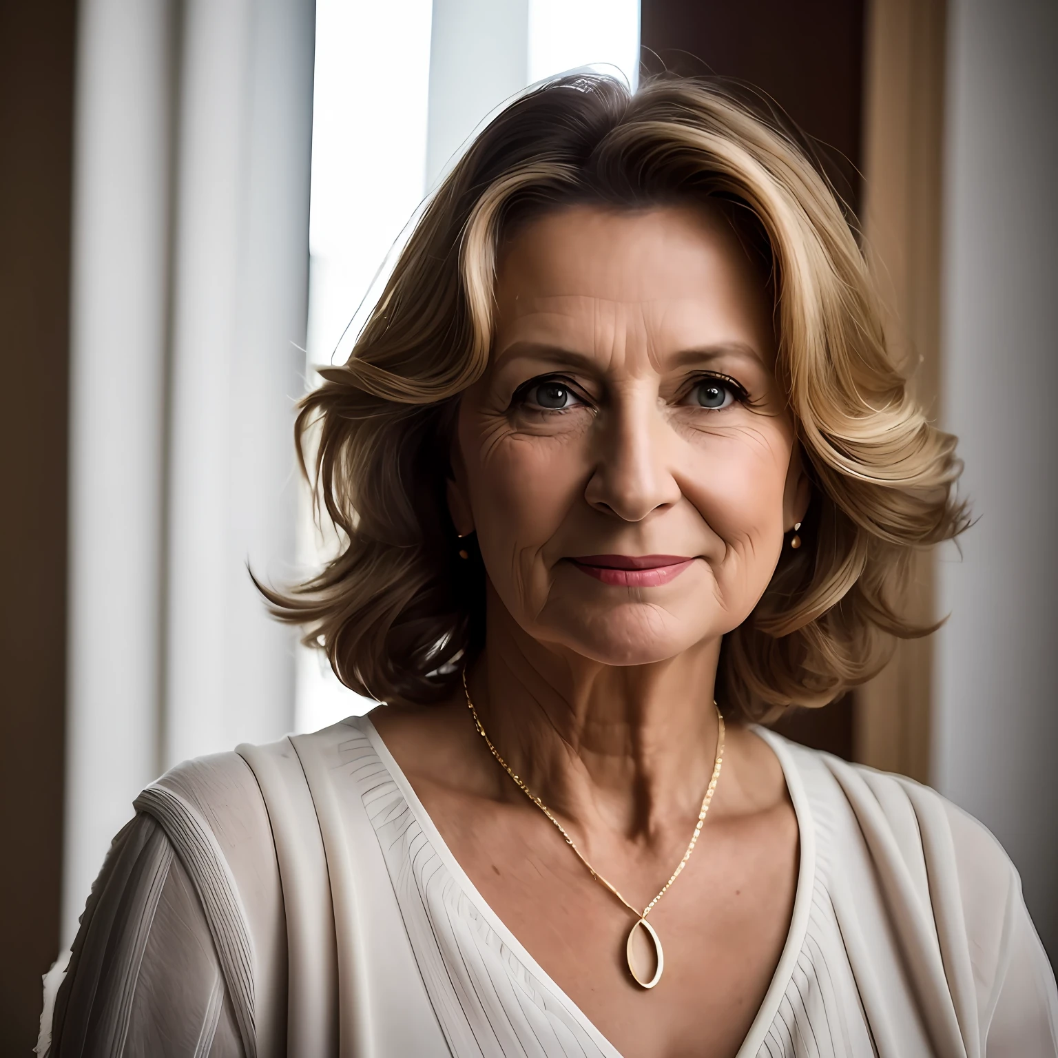 Blonde woman with a necklace and necklace looking at the camera, retrato 6 0 - ano - mulher velha, retrato de alta qualidade, barbara hammer 4 k, imagem retrato, Close Up foto retrato, foto de retrato, woman's face looking off camera, O olhar de um idoso, Madalena Radziej, Directed by: Daniel Gelon, retrato de uma mulher de 40 anos