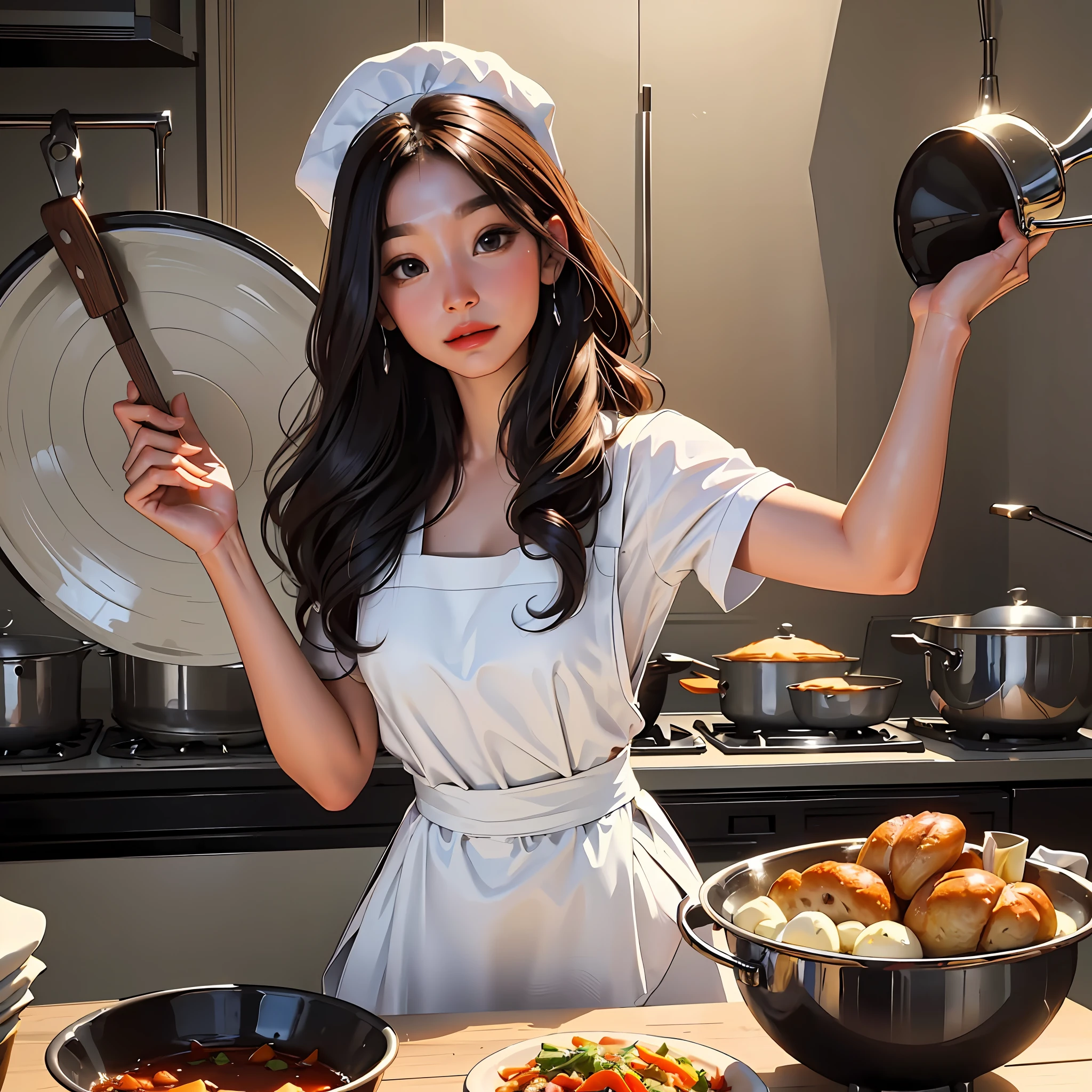 Exquisite close-ups (masutepiece:1.2) in a kitchen (Best Quality: 1.2) detail. cook (Looking at Viewer) It's gorgeous (Fair skin) And (Long hair:1.1), with the (Wavy Hair) High-definition shiny textures. Cook's (cook hat) And (dark short) You will be complimented with (Apron), adding a touch of elegance.