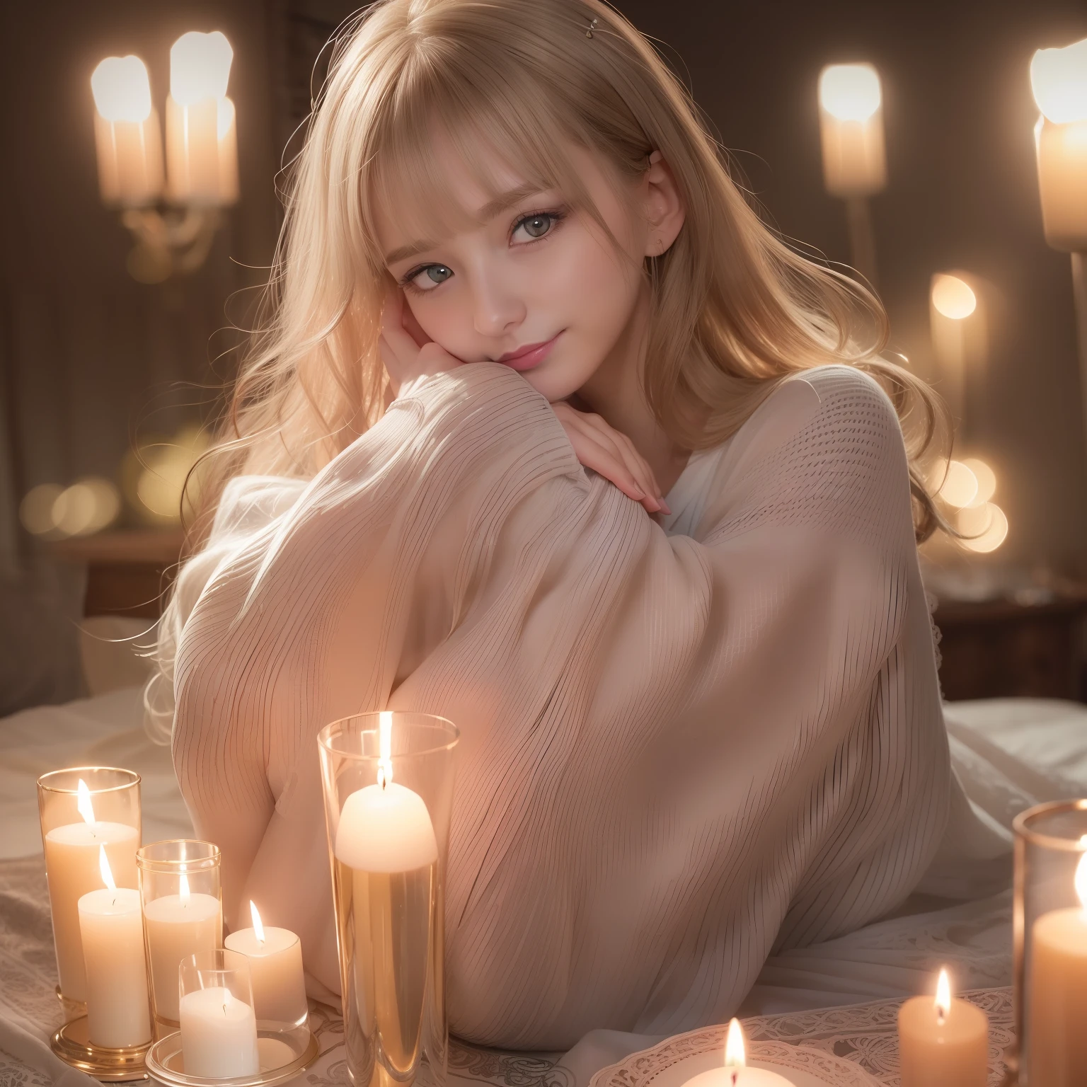 (RAW Photos:1.2), (Photorealsitic:1.4),(intricate detailes:1.2),(masterpiece:1.3),(top-quality:1.4), (超A high resolution:1.2), Cinema Lights, 超A high resolution,(A detailed eye),(detailed facial features),(detailed clothes features), Sweaters, HDR, 8K resolution, Look at the viewer, Skin Tight, (shinny skin),(Slender Girl), dream-like, candles, Candlelight, white blossoms,Constriction, (Super detailed illustration), Bedrooms, straight haired, Long, A dark-haired, black eyes, 1 female, cute little, innocence, (a smile), (innocent smiles), Skinny, inside in room,kawaii pose