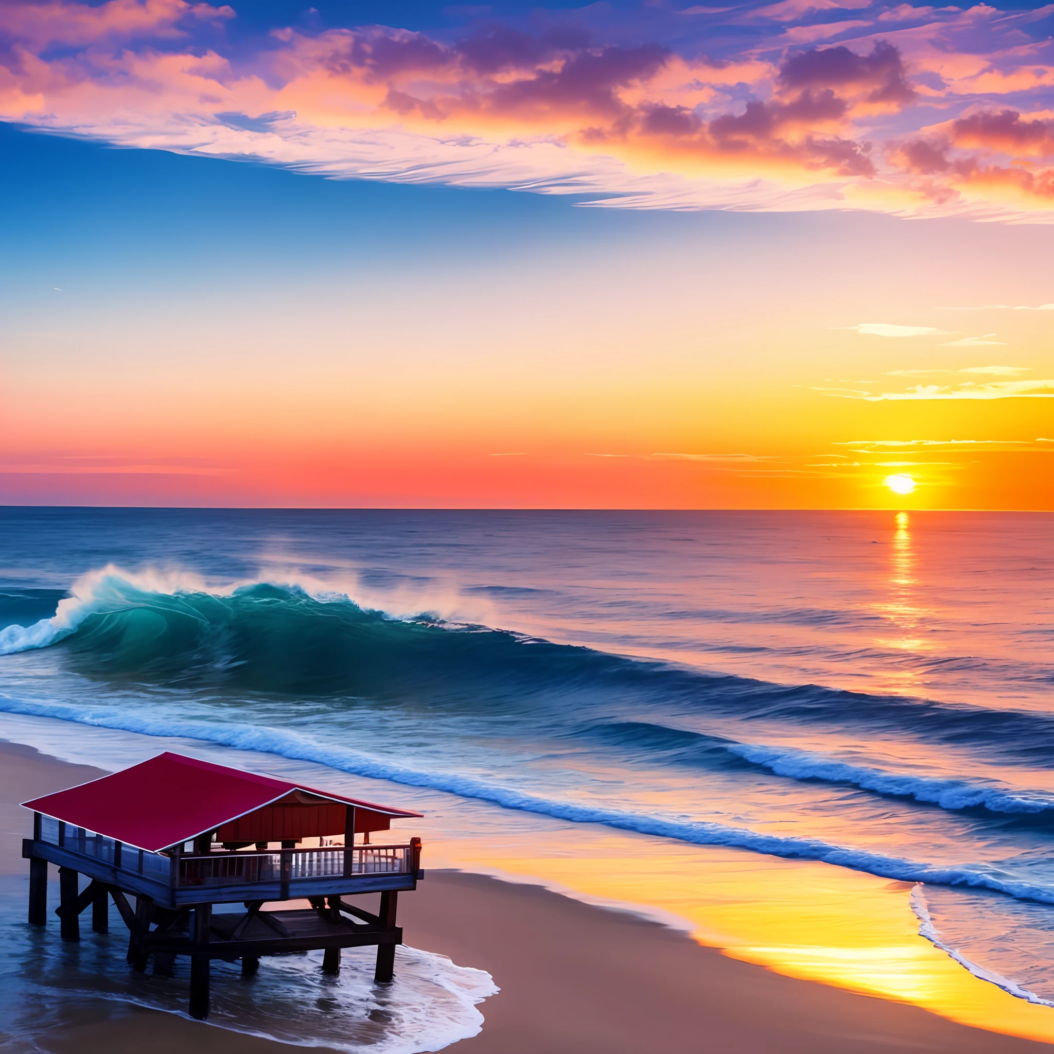 there is a picture of a beach with a pier and a boat, beautiful sea landscapes, shutterstock, nice sunset, beautiful italian beach scene, amazing background, beautiful waves in sea, best on adobe stock, which shows a beach at sunset, beautiful high resolution, stunning waves, beautiful morning, beautiful sunrise, beautiful photo, vibrant vivid colors