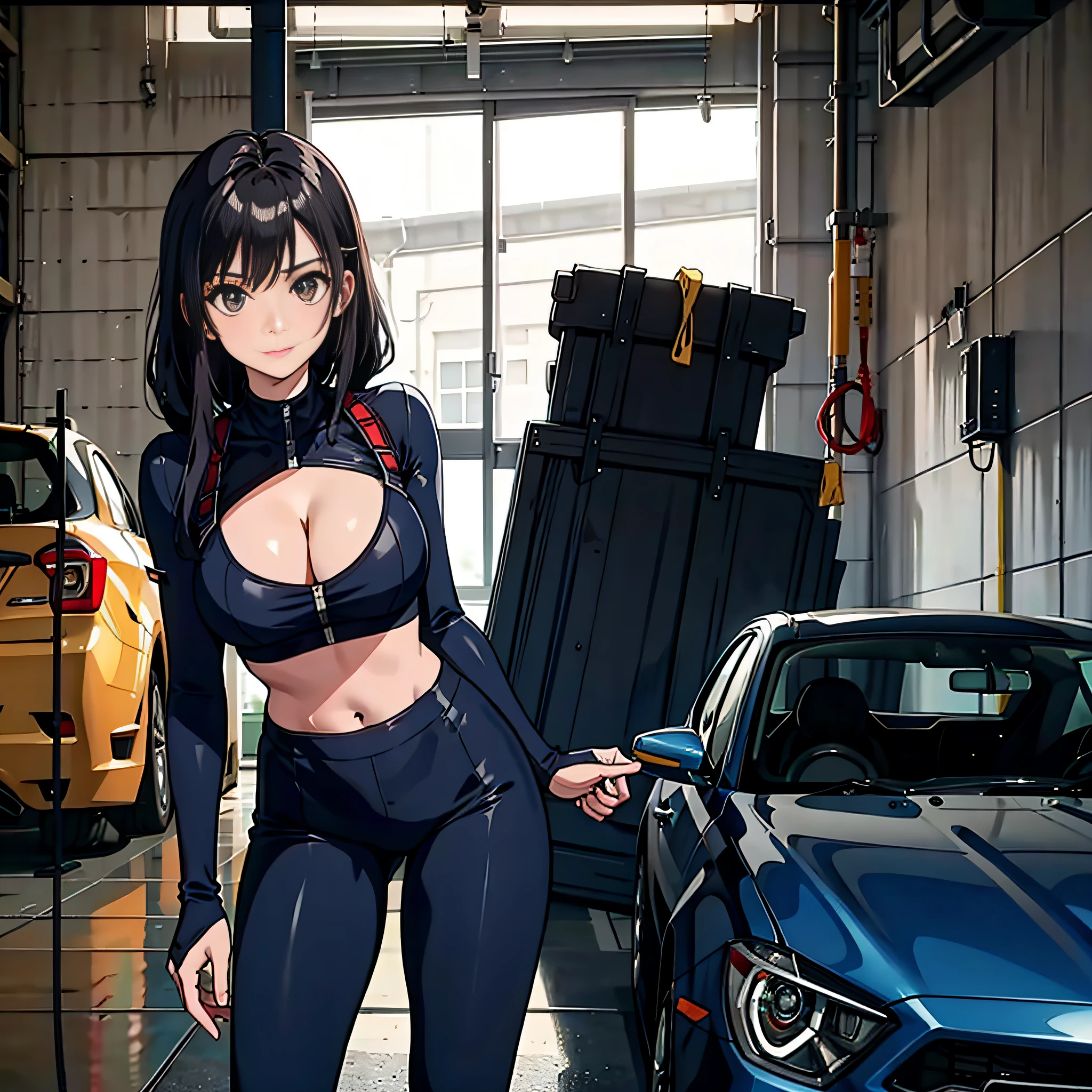 1girll,Solo,Zero, Slender, big breasts beautiful, Young, Little woman, Coveralls,a repairman,tightsuit, navel,cleavage,Large breasts,The Car,Garage,Garage