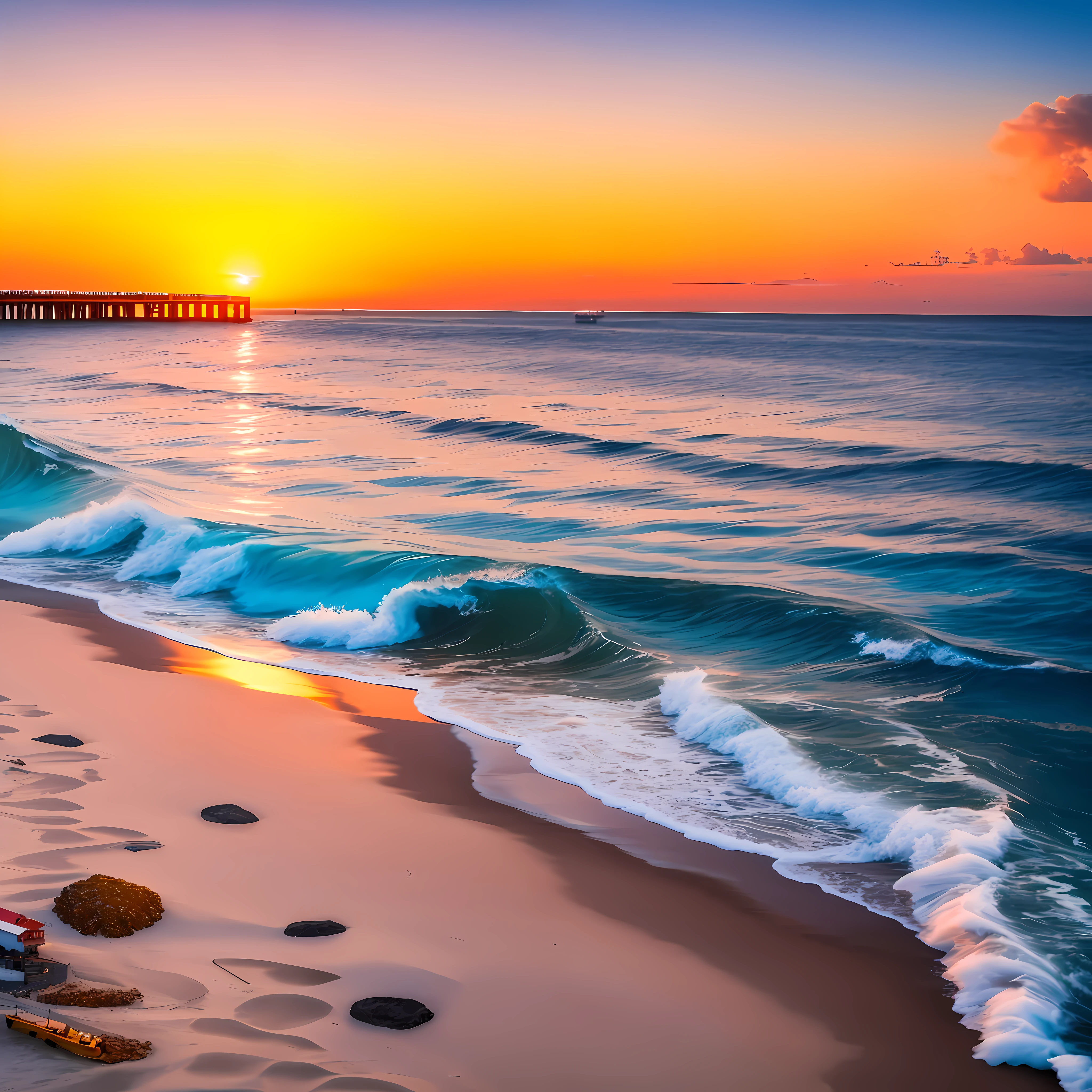 there is a picture of a beach with a pier and a boat, beautiful sea landscapes, shutterstock, nice sunset, beautiful italian beach scene, amazing background, beautiful waves in sea, best on adobe stock, which shows a beach at sunset, beautiful high resolution, stunning waves, beautiful morning, beautiful sunrise, beautiful photo, vibrant vivid colors