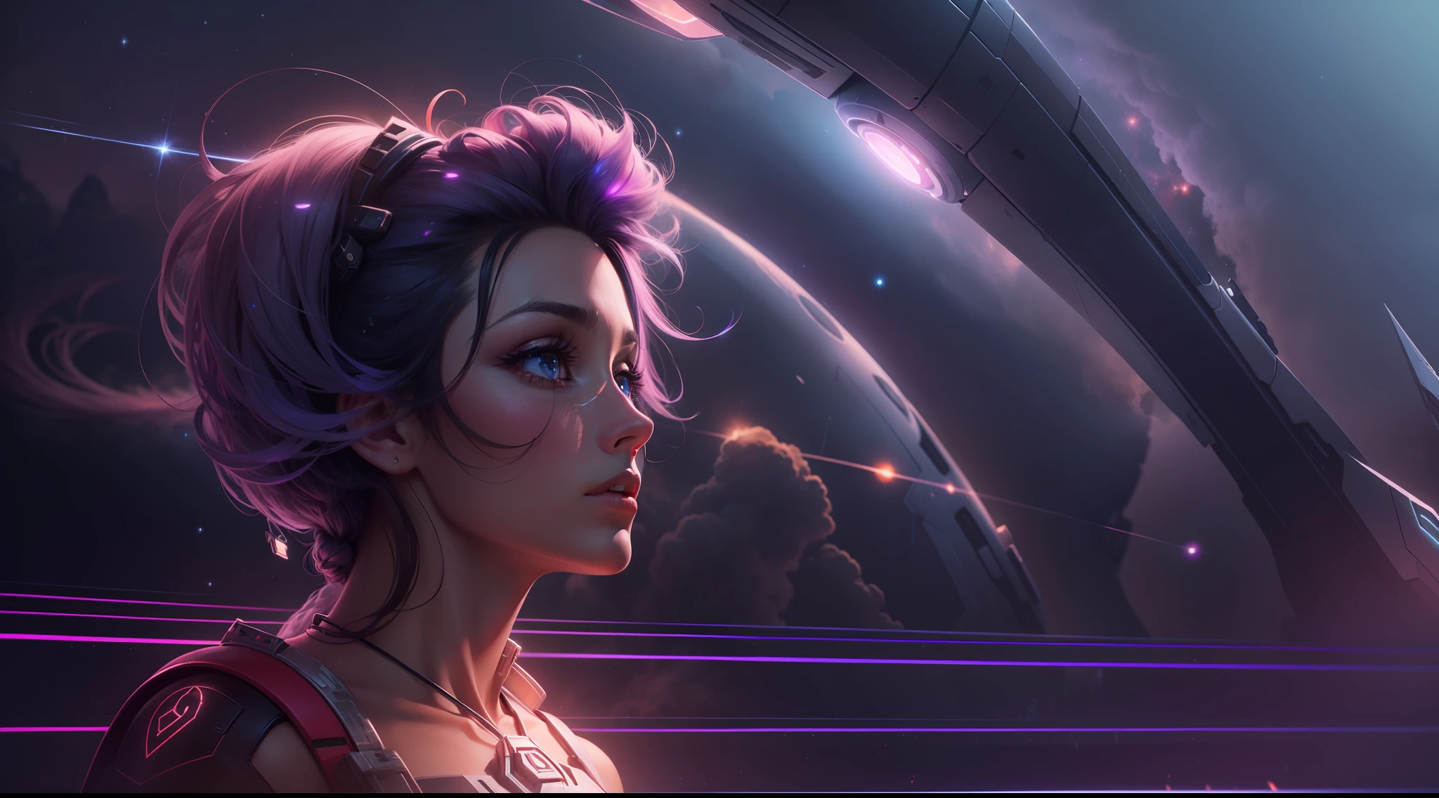 (extremamente detalhado CG unity 8k wallpaper, obra-prima, melhor qualidade, detalhe ultra), (best ilumination, melhor sombra, um retrato extremamente delicado e bonito), flutuando, Space opera, trajes futuristas, rostos misteriosos, profundidade de campo, starly sky, cores deslumbrantes, nebulosas, grandes naves espaciais, dramatic light effects, ciberpunk, 10k.