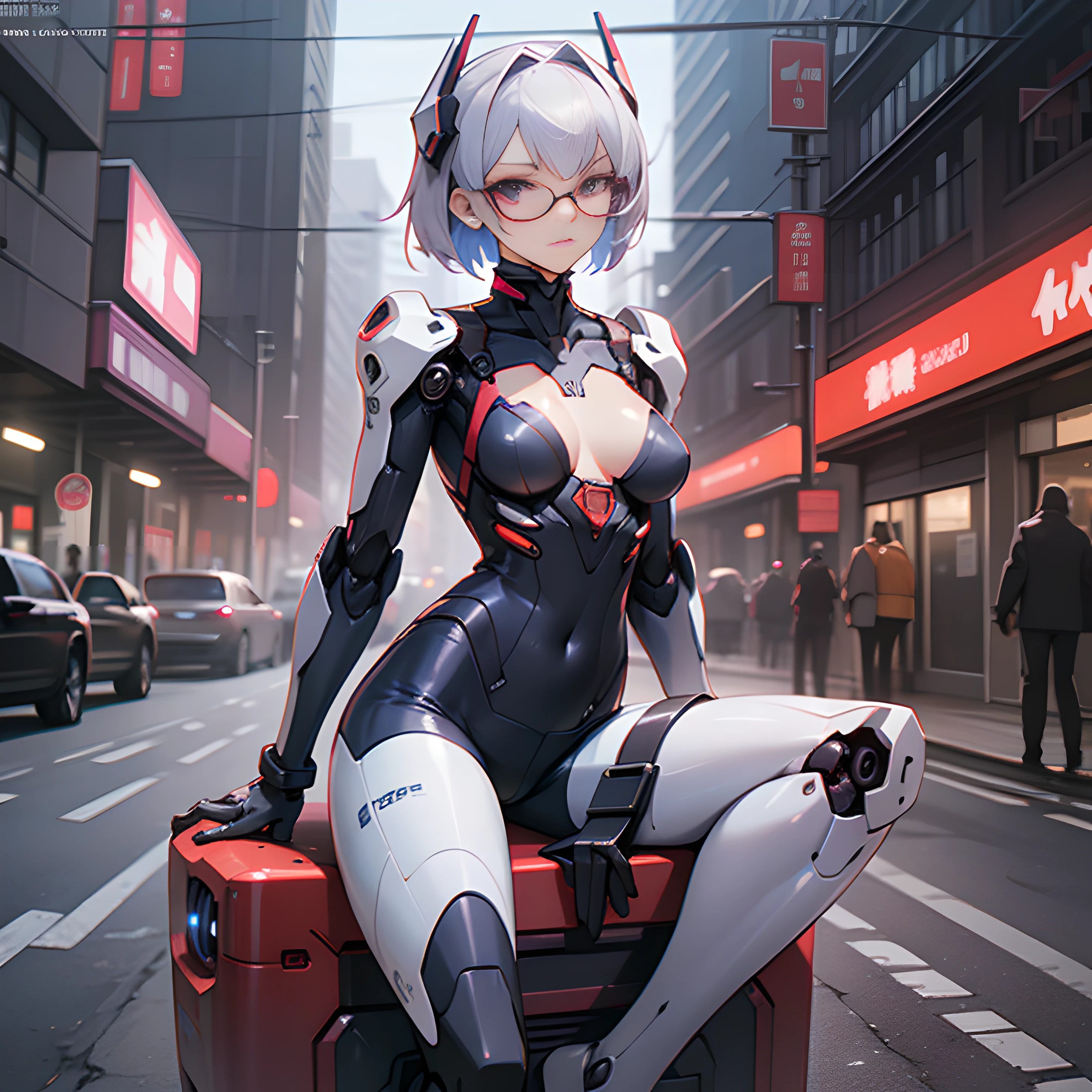 There is a beautiful woman standing next to a red car, In the cyberpunk countryside, Black hair, ridge, Drifters, Night time, Night, Ambient, Sexy Woman, mentor, teacher, Empty room, Alone, covert, risky, Mischievous, Seductive, Sultry Pose, Lustful look, Revealing clothes, remove, unbuttons, realisitic、tits out、Cyberpunk、cleavage of the breast、Beautifully shaped breasts、Raw feet、Cyber City、natta、nightcity、look up sky、Look up、Take your eyes off、((top-quality)), (high-detail:1.3), 3D, Beautiful fece、mechanical suit、Near Future Cyber Suit、Red Black Cyber Suit、Red-Black Robot Costume、Right arm is mechanical、Right-arm robot、Silvery hair、Silver-haired shortcut、eye glasses、Straddling a robot chair, (((masutepiece)))), (((Highest Quality)))), (Very Detailed Photoreality), (Delicate and Pretty Face), Cinematic Light, (Solo, Full body, Big, Cleavage Is Visible Skin, White hair, Purple eyes, Luminous Eyes, (Mechanical joint: 1.4), (blood vessels connected to tubes), (( Mechanical vertebrae attached to the back)), ((Mechanical cervical spine) Attached to the neck)), (((Sitting)), (Wires and cables attached to the head and body: 1.5), (Character Focus), Small LED lamps on the body, Evangelion, nffsw, Metallic body, Detailed neon, Alaf woman in tight shorts and tight stockings walking down the street, in a street, hotpants, tights, tights, Wearing tight simple clothes, Slim legs, denim hot-pants, Hot Pants,