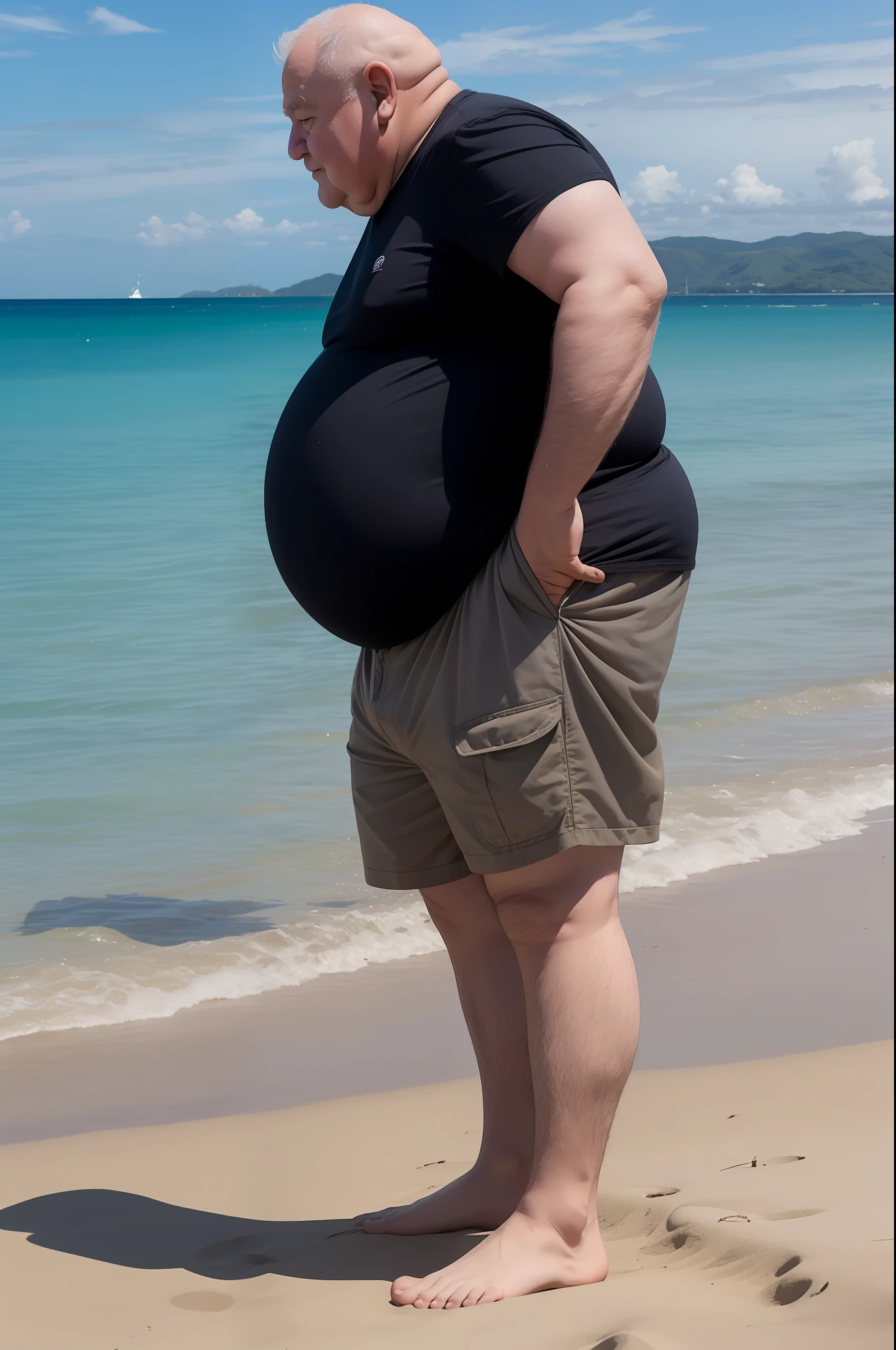 ((1boy)) big fat old man, shorts, fat, big belly, standing in beach