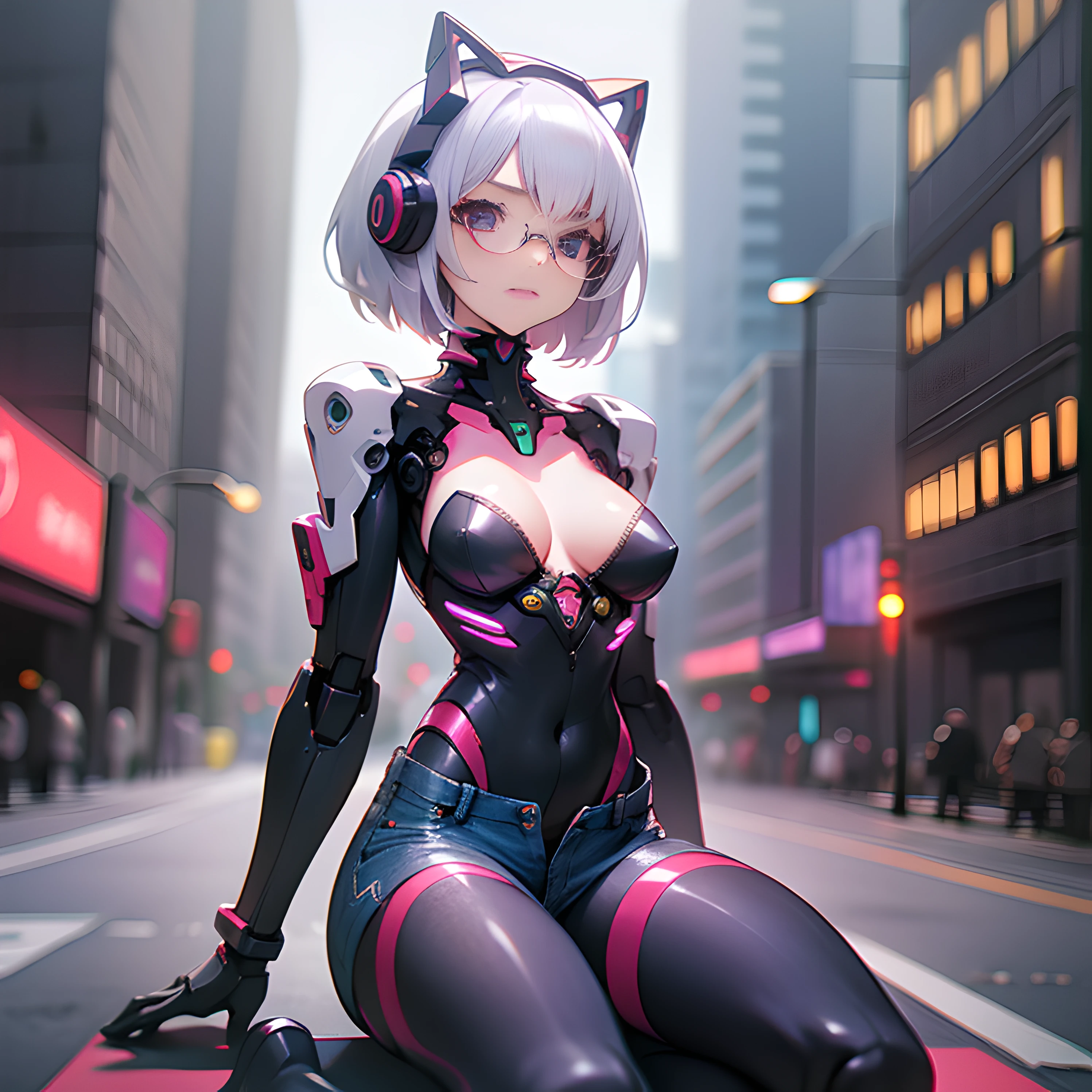 There is a beautiful woman standing next to a red car, In the cyberpunk countryside, Black hair, ridge, Drifters, Night time, Night, Ambient, Sexy Woman, mentor, teacher, Empty room, Alone, covert, risky, Mischievous, Seductive, Sultry Pose, Lustful look, Revealing clothes, remove, unbuttons, realisitic、tits out、Cyberpunk、cleavage of the breast、Beautifully shaped breasts、Raw feet、Cyber City、natta、nightcity、look up sky、Look up、Take your eyes off、((top-quality)), (high-detail:1.3), 3D, Beautiful fece、mechanical suit、Near Future Cyber Suit、Red Black Cyber Suit、Red-Black Robot Costume、Right arm is mechanical、Right-arm robot、Silvery hair、Silver-haired shortcut、eye glasses、Straddling a robot chair, (((masutepiece)))), (((Highest Quality)))), (Very Detailed Photoreality), (Delicate and Pretty Face), Cinematic Light, (Solo, Full body, Big, Cleavage Is Visible Skin, White hair, Purple eyes, Luminous Eyes, (Mechanical joint: 1.4), (blood vessels connected to tubes), (( Mechanical vertebrae attached to the back)), ((Mechanical cervical spine) Attached to the neck)), (((Sitting)), (Wires and cables attached to the head and body: 1.5), (Character Focus), Small LED lamps on the body, Evangelion, nffsw, Metallic body, Detailed neon, Alaf woman in tight shorts and tight stockings walking down the street, in a street, hotpants, tights, tights, Wearing tight simple clothes, Slim legs, denim hot-pants, Hot Pants,