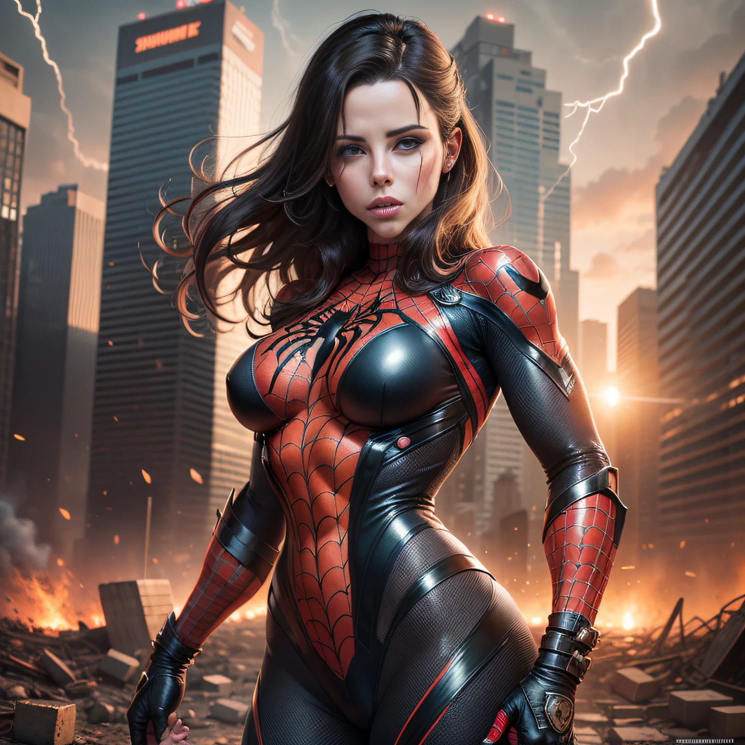 Kate Beckinsale in detailed brown Spider-Man costume, large breasts, superhero pose, standing in ruined city at sunset, hyperdetailed, smoke, sparks, sunbeams, (8k), realistic, symmetrical, award-winning, cinematic lightning, soaked, film, 75mm, scratches, full body shot, close-up, torn and dirty clothes, detailed face,