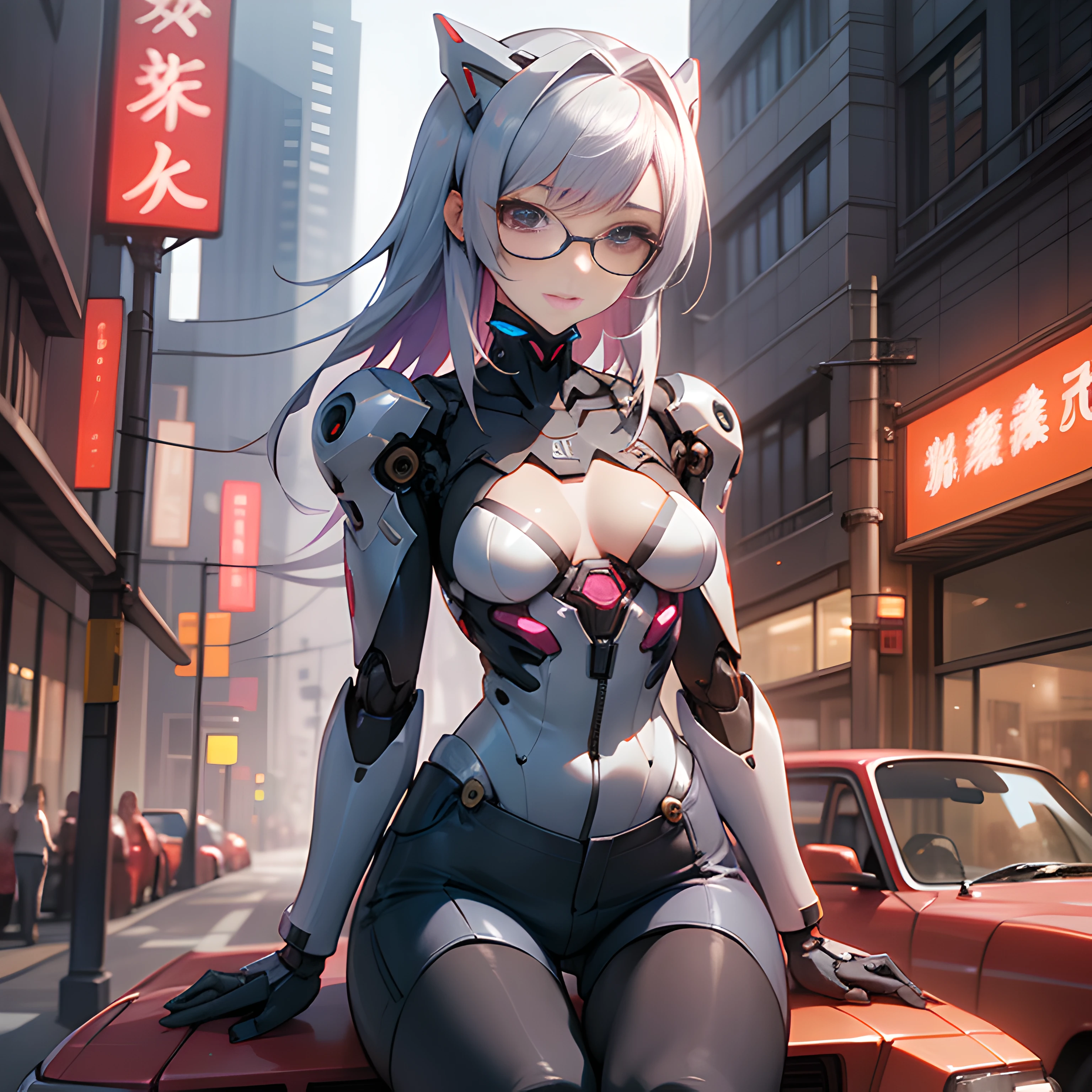 There is a beautiful woman standing next to a red car, In the cyberpunk countryside, Black hair, ridge, Drifters, Night time, Night, Ambient, Sexy Woman, mentor, teacher, Empty room, Alone, covert, risky, Mischievous, Seductive, Sultry Pose, Lustful look, Revealing clothes, remove, unbuttons, realisitic、tits out、Cyberpunk、cleavage of the breast、Beautifully shaped breasts、Raw feet、Cyber City、natta、nightcity、look up sky、Look up、Take your eyes off、((top-quality)), (high-detail:1.3), 3D, Beautiful fece、mechanical suit、Near Future Cyber Suit、Red Black Cyber Suit、Red-Black Robot Costume、Right arm is mechanical、Right-arm robot、Silvery hair、Silver-haired shortcut、eye glasses、Straddling a robot chair, (((masutepiece)))), (((Highest Quality)))), (Very Detailed Photoreality), (Delicate and Pretty Face), Cinematic Light, (Solo, Full body, Big, Cleavage Is Visible Skin, White hair, Purple eyes, Luminous Eyes, (Mechanical joint: 1.4), (blood vessels connected to tubes), (( Mechanical vertebrae attached to the back)), ((Mechanical cervical spine) Attached to the neck)), (((Sitting)), (Wires and cables attached to the head and body: 1.5), (Character Focus), Small LED lamps on the body, Evangelion, nffsw, Metallic body, Detailed neon, Alaf woman in tight shorts and tight stockings walking down the street, in a street, hotpants, tights, tights, Wearing tight simple clothes, Slim legs, denim hot-pants, Hot Pants,