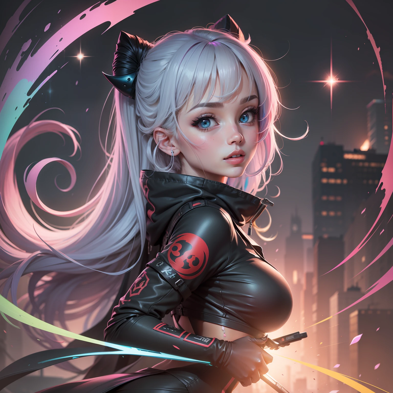 Mulher ninja com fone de ouvido sentido paz, olhos fechados, rosto bonito, cores RGB, cabelo rosa brilhante, colorido anime, fundo brilhante, Banner for youtube video, menina feliz, nuvens com cores RGB, cores RGB brilhantes, completo, ser celestial, garota gamer.
