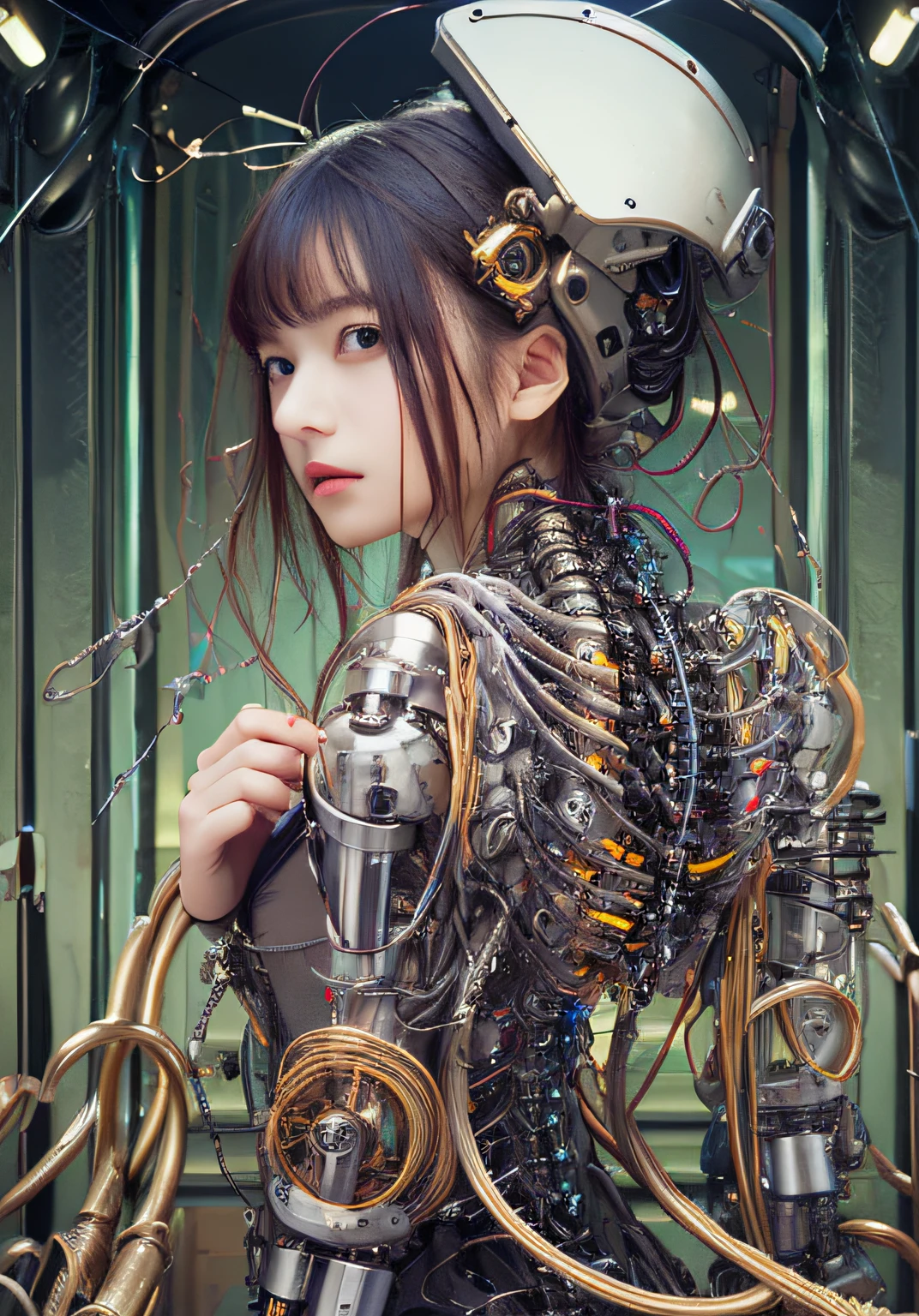 (((masterpiece)))、((top-quality))、(The ultra-detailliert)、、(Very noble and beautiful))、Cinematic Light、((1 Mechanical Girl))、Goldsmith on white porcelain body、Sumerian details、a purple eye、Colossal tits、The cleavage is visible、Single、(Mechanical joint:1.4)、((Mechanical limb))、(Blood vessels attached to tubes)、((Mechanical spine attached to the back))、((Mechanical cervical vertebrae attached to neck))、(Wires and cables attached to the head and body:1.5)、 neon details、scientific fiction、Steampunk details、cowboy shot、