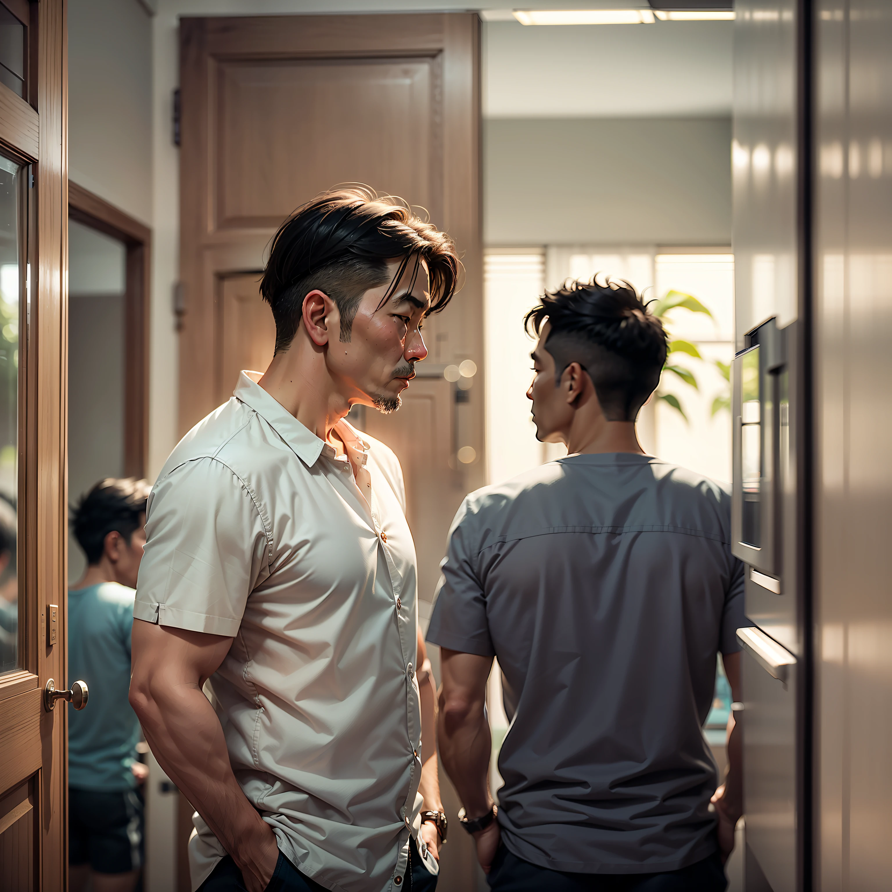 You see several identical middle-aged Asian men, wearing the same kind of shirt, standing at different spots in the house, without looking at you