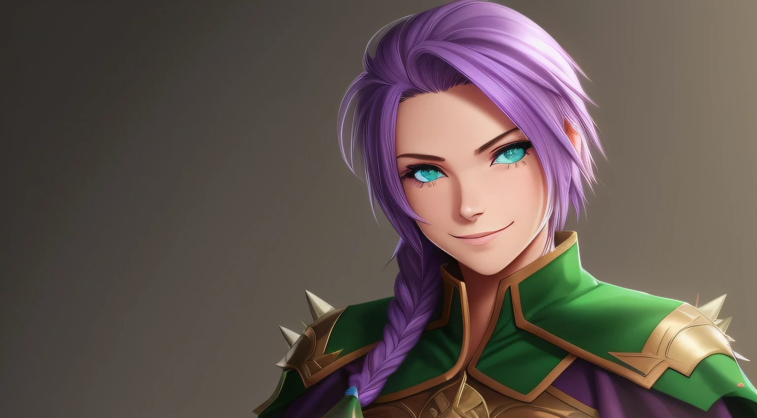 woman,half tomboy,violet hair,spiky hair,braid,smile,green eyes,cape,a little muscle,tanned skin --auto