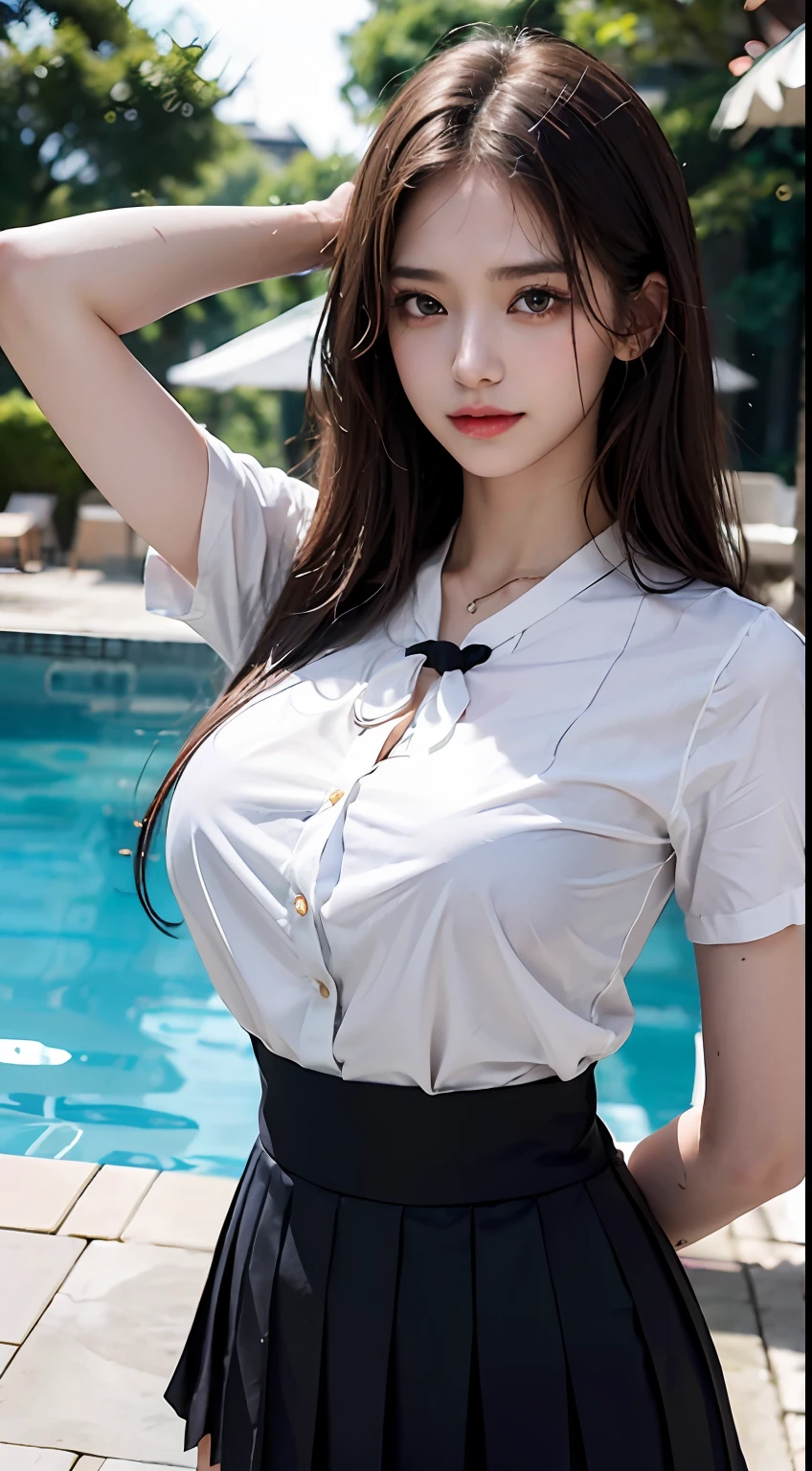 ((top-quality、8K、masterpiece:1.3))、Crisp focus:1.2、Beautiful woman with perfect body shape:1.4、Slender Abs:1.2、((Colossal tits:1.2))、(Wet white button-up long shirt:1.1)、(Sunny、in poolside:1.2)、a wet body:1.5、Highly detailed facial and skin texture、A detailed eye、二重まぶた、Pleated skirt、White blouses、Female School Uniform、The shirt、Ribbon tie、pleatedskirt、Schools、8K raw photos、hight resolution、19-year-old Korean、very large round breasts、beautiful eyes finely detailed、long eyeslashes、Beautiful double eyelids、eyeshadows、eye line、Slender eyes、elongated eye shape、Sanpaku eyes、Dark Eye Makeup、evil smile、Beautiful and thin legs、Random longhair、Tie your hair behind your head、耳Nipple Ring、a necklace、light brown hair、Random Poses、Kamimei、Valley、Blur the background