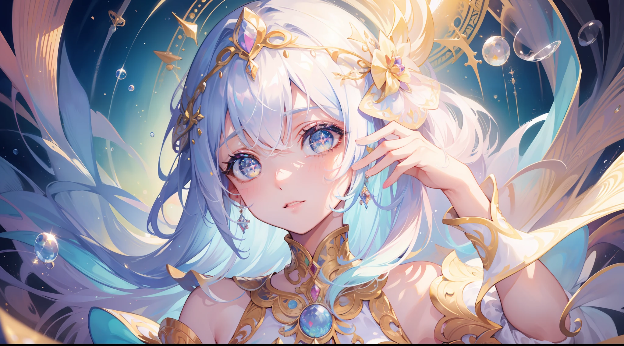 masterpiece, best quality, 8k resolution, sharp focus, intricate detail, beautiful girl, sparkling eyes, golden ratio face, otherworldly liquid, watercolor, pastel colors, bright colors, whimsical, colorful, sharp focus, high resolution, fine detail, princess layered ballgown, ((round eyes)), iridescent bubbles, magical