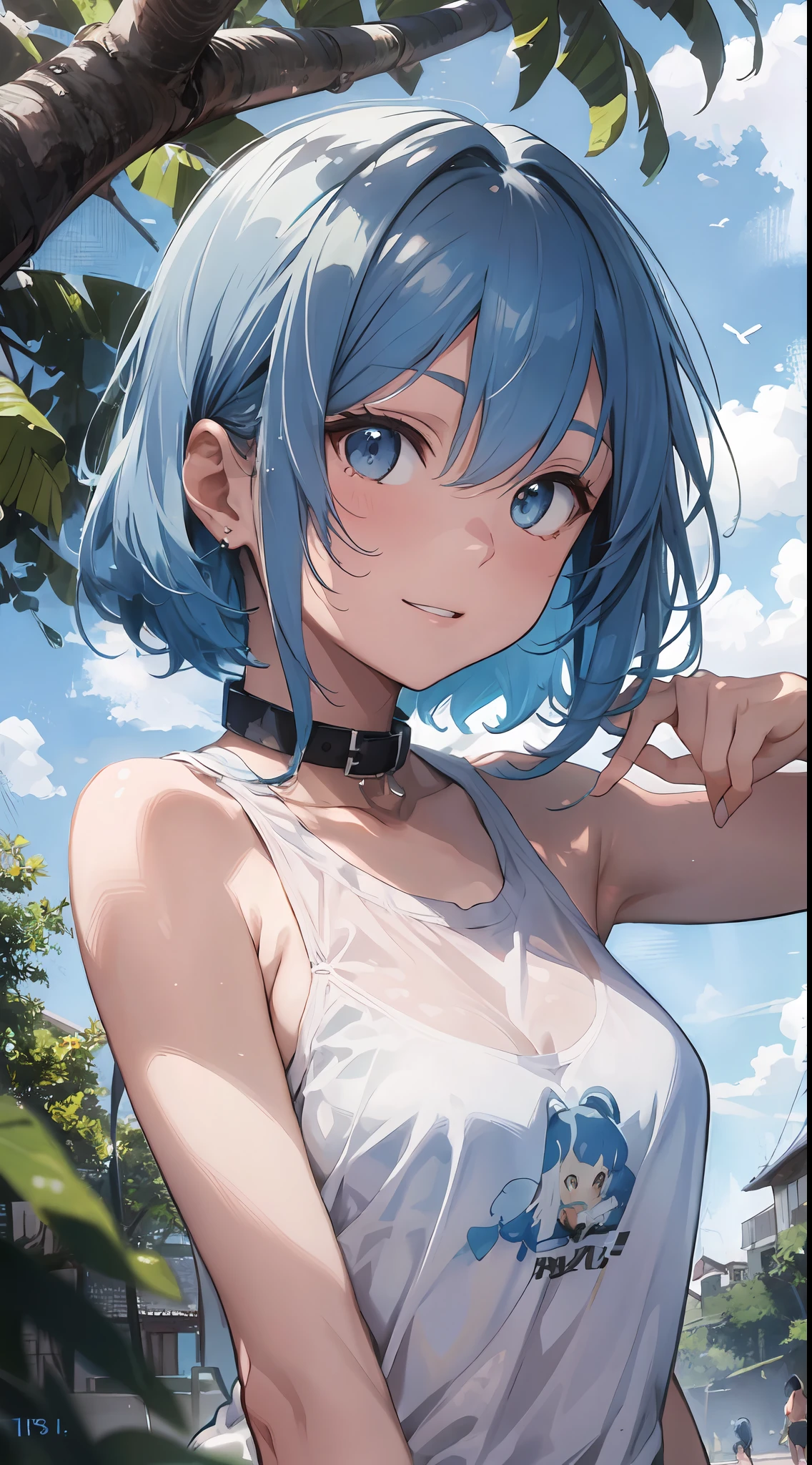 (NSFW:1.2), (8K, Raw photography, Top image quality, tmasterpiece: 1.4), ultra-high-details, (realisitic, photoreallistic: 1.48), 1girl in, Solo Focus, type moon style, Kyoto Animation Style, short-length hair, (blue hairs:1.7), Blunt bangs, Hair Between Eyes, Clear eyes, side locks, White hair, Shiny hair, beautiful detailed cold face, Seductive smile, angry, complex details beautiful and delicate eyes, bare_shoulders, Small_Breasts, Gray eyes, White skin, Hair Ornament, (((T-shirt))), swim ring, swimsuit, beautiful bare back, Sandals, Skindentation, collar bone, bare_Legs, beach, Beautiful detailed sky, White sand, tree, very precise details, absurdist, Extremely detailed, 16k wallpaper,remrezero