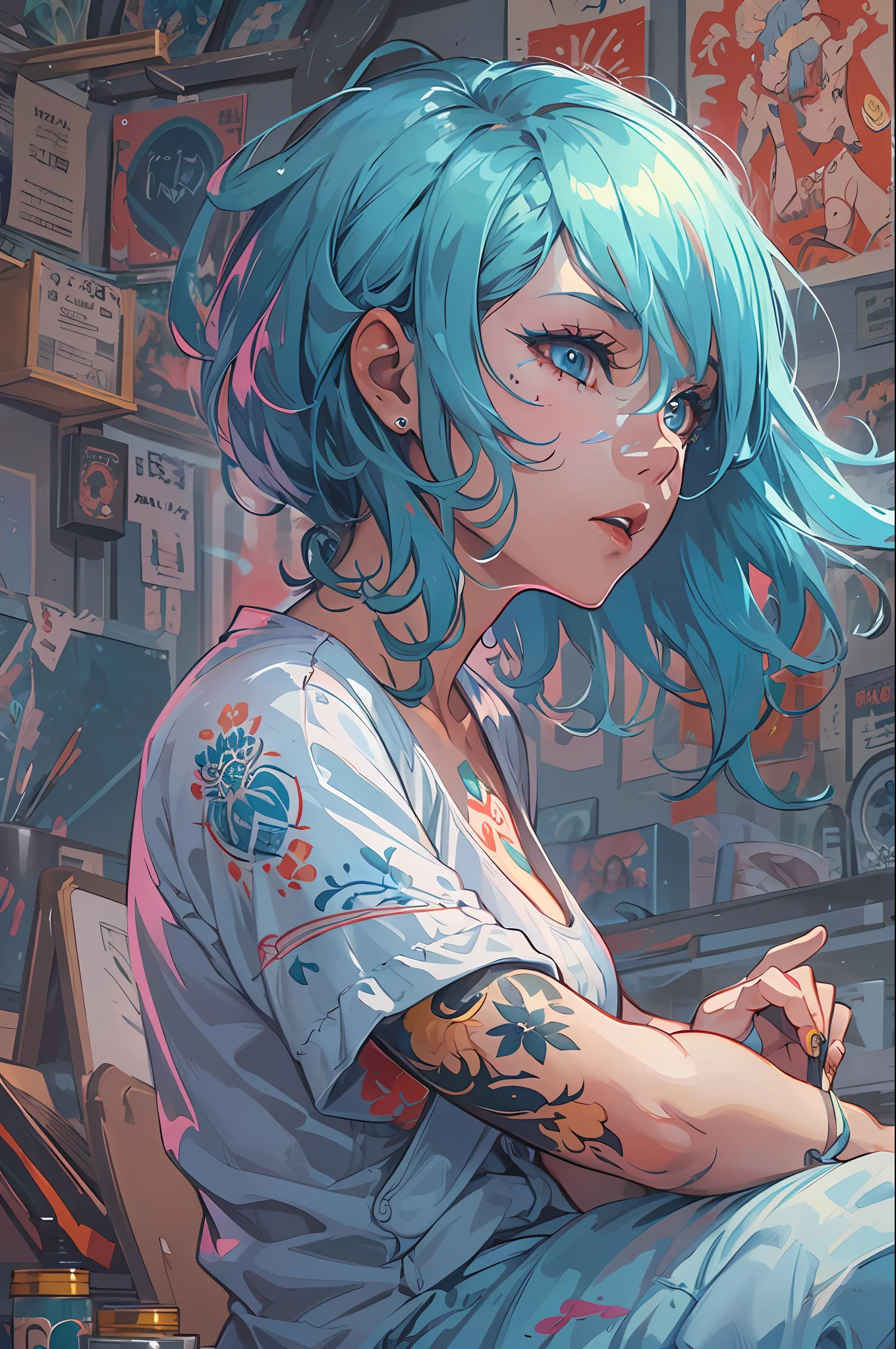 Ultra-high definition 2D art, close-up (1 woman), light blue hair, 2D animation style, soft and delicate depiction, attention also on her full-body tattoos (full-body art), landscape mode, masterpieces by Guweiz and James Jean, tattoo expert designs by CGSCOSITY, etc. A beautiful blue-haired girl who became a hot topic at the trend art station of Japan.