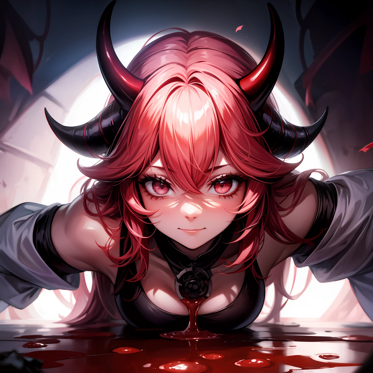 A female milf demon with black demon horn, ((demon horn)), cabelo cor-de-rosa extremamente longo, ((Cabelo cor-de-rosa)), White eyes of the demon, ((olhos brancos)), corpo volumoso com seios e busto enormes, ((seio e busto enormes)), roupa preta, floor with a red liquid oozing from the bottom, olhar perverso e vazio sem brilho nos olhos, Moda realista, sysie high definition details, fotografia, perspicacity, unique 850 4, Koda850 k portrait camera, Primavera F1.6, cores ricas, Textura super realista, textura de luz espetacular, arte surreal, Cinestil 800 mecanismo de moda