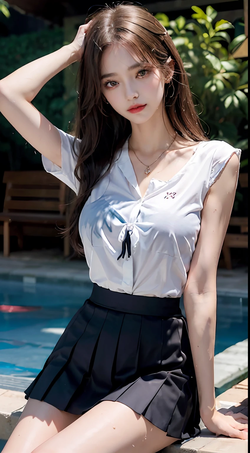((top-quality、8K、masterpiece:1.3))、Crisp focus:1.2、Beautiful woman with perfect body shape:1.4、Slender Abs:1.2、((Colossal tits:1.2))、(Wet white button-up long shirt:1.1)、(Sunny、in poolside:1.2)、a wet body:1.5、Highly detailed facial and skin texture、A detailed eye、二重まぶた、Pleated skirt、White blouses、Female School Uniform、The shirt、Ribbon tie、pleatedskirt、Schools、8K raw photos、hight resolution、19-year-old Korean、very large round breasts、beautiful eyes finely detailed、long eyeslashes、Beautiful double eyelids、eyeshadows、eye line、Slender eyes、elongated eye shape、Sanpaku eyes、Dark Eye Makeup、evil smile、Beautiful and thin legs、Random longhair、Tie your hair behind your head、耳Nipple Ring、a necklace、light brown hair、Arm Raising Pose、Beautiful armpits、Kamimei、Valley、Blur the background