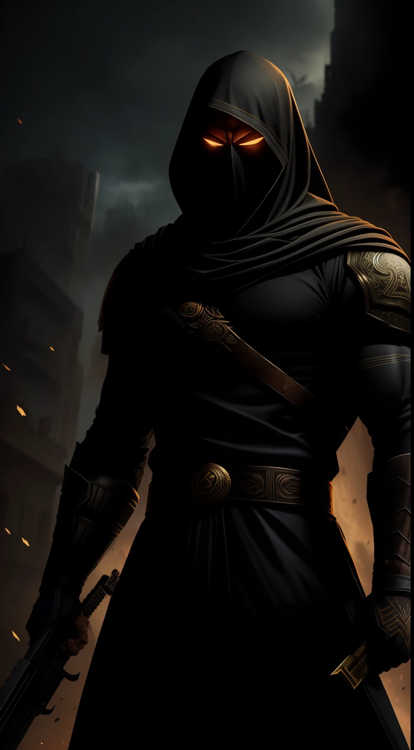 Create a close-up illustration of the enigmatic warrior known as Scorpio. The main focus of the image is the mask of Scorpio, com seus olhos de vidro brilhantes em um amarelo intenso, visible through the shadows of the black hood. The mask conveys mystery and determination, enquanto os detalhes do traje de guerreiro preto, com toques de amarelo, reflect their goal of fighting for justice in a futuristic and apocalyptic city. The camera angle is positioned low and focused, capturando toda a intensidade e grandeza do personagem. The expression in Scorpio's glass eyes reveals his determination and his thirst for revenge against the oppressive forces that control the city. The surrounding scenery is suggested by the shadows and neon lights, adding a touch of danger and mystery to the environment he's wandering in. Convey the whole essence of this lone warrior, emphasizing the mysterious aura that surrounds him and his firm posture as he holds the sniper in his hands. Make the illustration intriguing and powerful, evoking the feeling that Scorpio is ready to face any challenge that crosses his path.