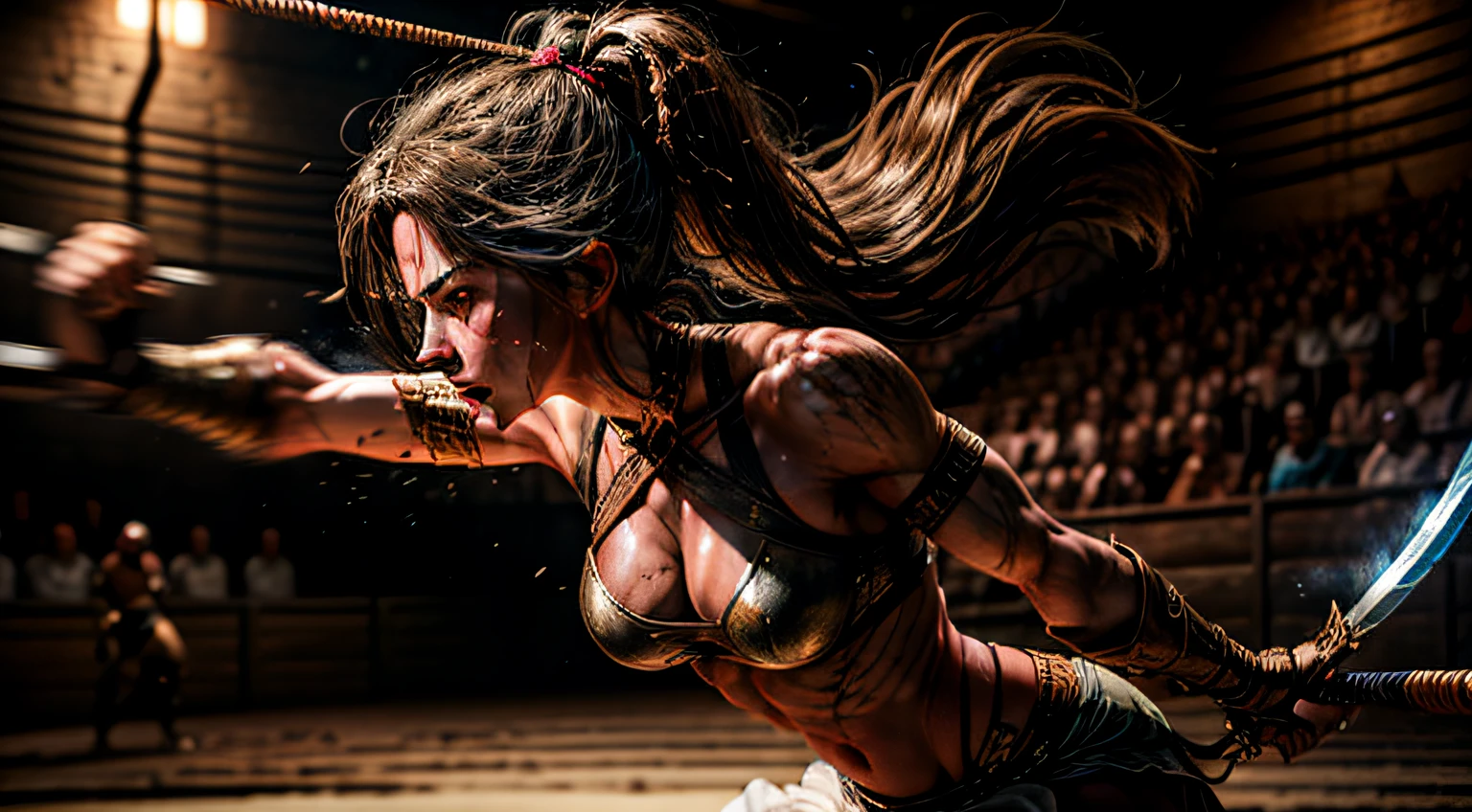(masterpiece, high resolution: 1.3), (medieval female warrior: 1.1), (a skilled Amazon: 1.1), (bodybuilder Arafed, feminine and defined, Aleksandra Waliszewska, full breasts, defined physique, thin waist, pretty face, bright eyes, perfect eyes, serious and concentrated look, long hair wet with sweat, messy), wearing only sarashi, breastplate, bandages on breasts, bandages on arms: 1 3), ((muscular body with multiple marks and scars from intense fights)), ((extremely intricate and detailed marks and scars on the body)), (fierce determination on his face: 1.1), (delivering a sword strike in an arena: 1.2), (debris from the impact suffered from the blows: 1.2), (Nikon D850 camera, known for its high-resolution capability: 1.2), (paired with the versatile Nikon AF-S NIK KOR 24-70mm f/2.8E ED VR :1.2), (capturing the raw and intense atmosphere of the medieval colisel-like arena :1.1), (a powerful impact of the sword swing:1.1), (the rhythmic sound of the sword striking:1.1), (sparks flying in the air:1.2), (the heat and sweat of hard battle:1.1), (a test of skill and strength:1.1), (the skillful hands of the warrior wielding the sword :1.1), (a glimpse of the art of fencing:1. 1), (a fusion of strength and delicacy: 1.1), (the timeless tradition of swordsmanship: 1.1), (the warm and earthy environment of the arena: 1.1), (a scene of dedication and skill: 1.1), (the burning passion fights: 1.1), (illuminated by the glow of impact: 1.1), (the birth of a blade, symbol of strength and honor: 1.1), (an immersive experience in the world of medieval warriors: 1.1 ).