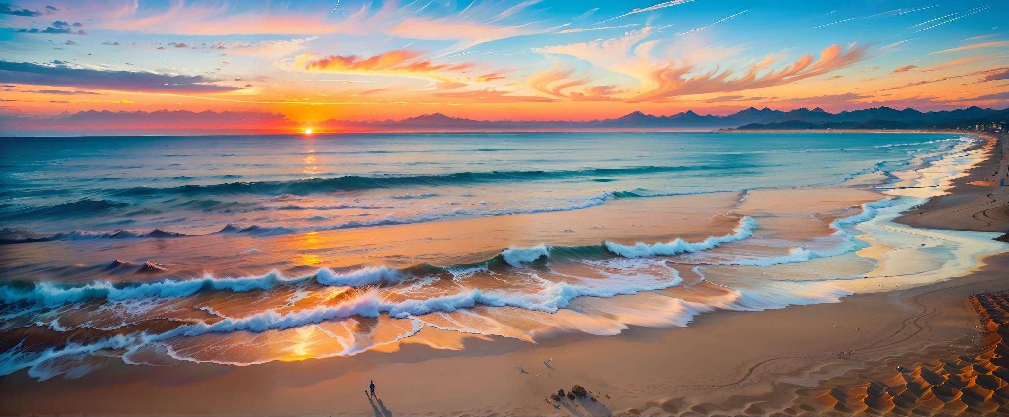 An absolutely mesmerizing sunset over the beach with some mountains in the background in the distance, con una mezcla de naranjas, rosas y amarillos que llenan el cielo. Las aguas cristalinas del mar besan suavemente la orilla, con una playa de arena blanca que se extiende a lo largo y ancho. The scene is dynamic and impressive, con gaviotas volando alto en el cielo y palmeras que se balancean suavemente. Enjoy the relaxing atmosphere and let peace flood you.