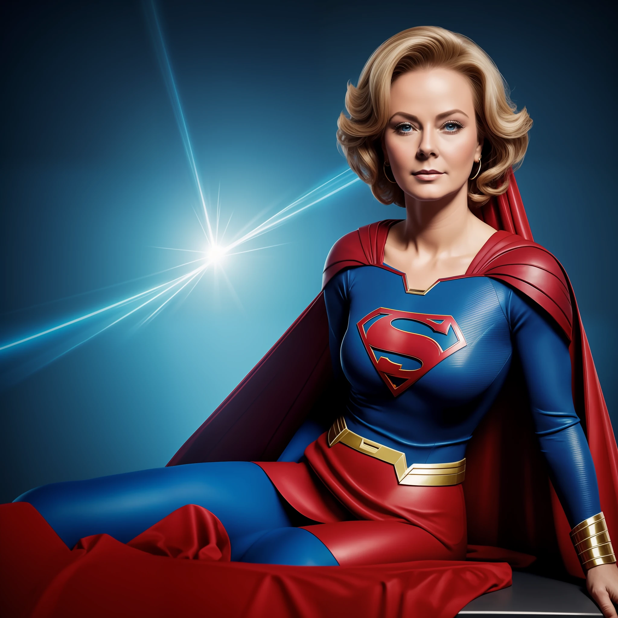 Jean Smart vestida como um super-girl com uma capa e blusa azul, colada no corpo, bebendo coca-cola, sitting not sofa, super foto realista, Superhero portrait, Supergirl filme de 1984, Cortpo sexy, retrato vfx altamente detalhado de, cabelos andulados, super fotorrealista, Super-homem, Foto retrato, super-realista, Arte 4K, Retrato ultra realista
