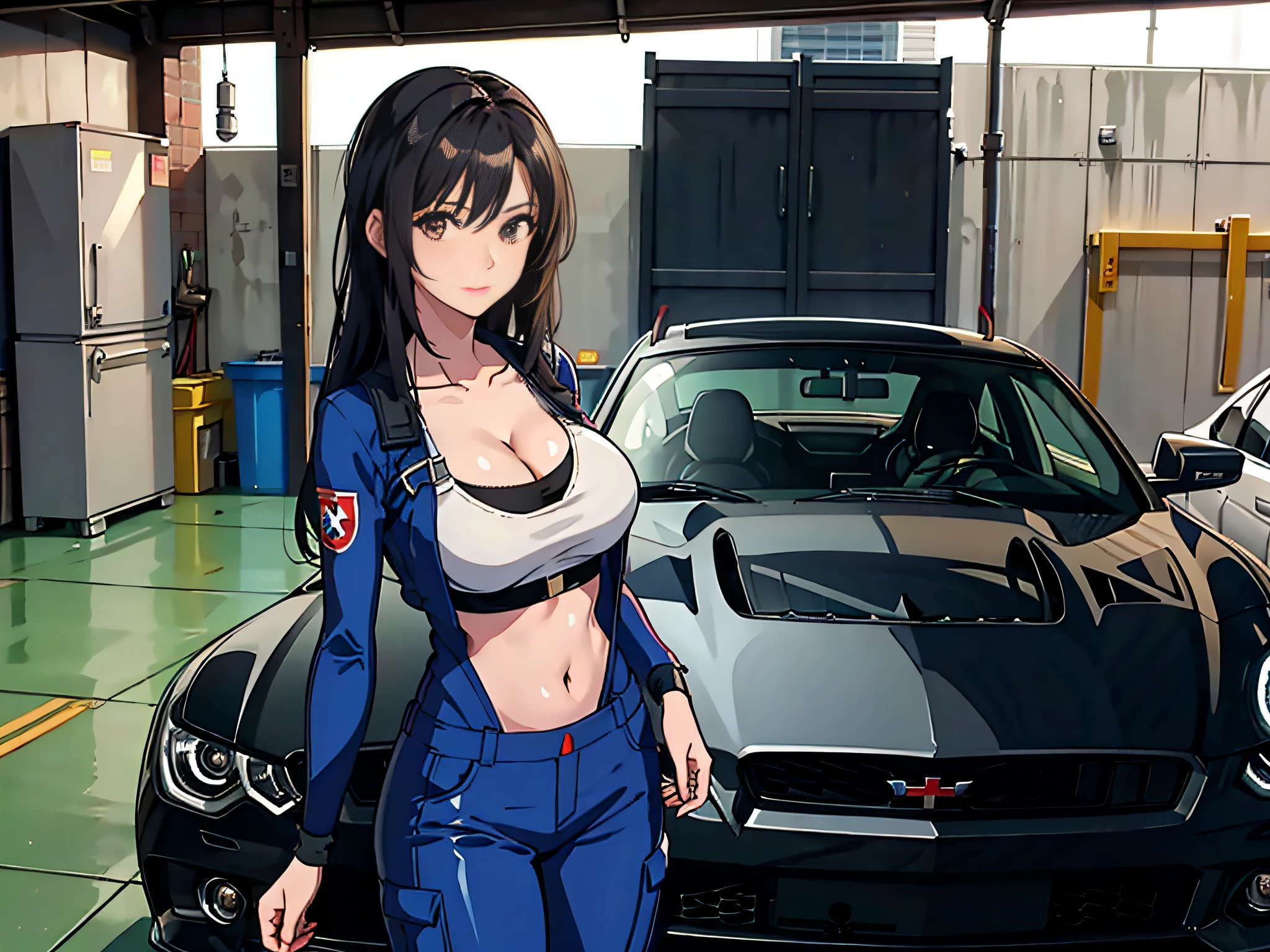 1girll,Solo,Zero, Slender, big breasts beautiful, Young, Little woman, Coveralls,a repairman,tightsuit, navel,cleavage,Large breasts,The Car,Garage,Garage