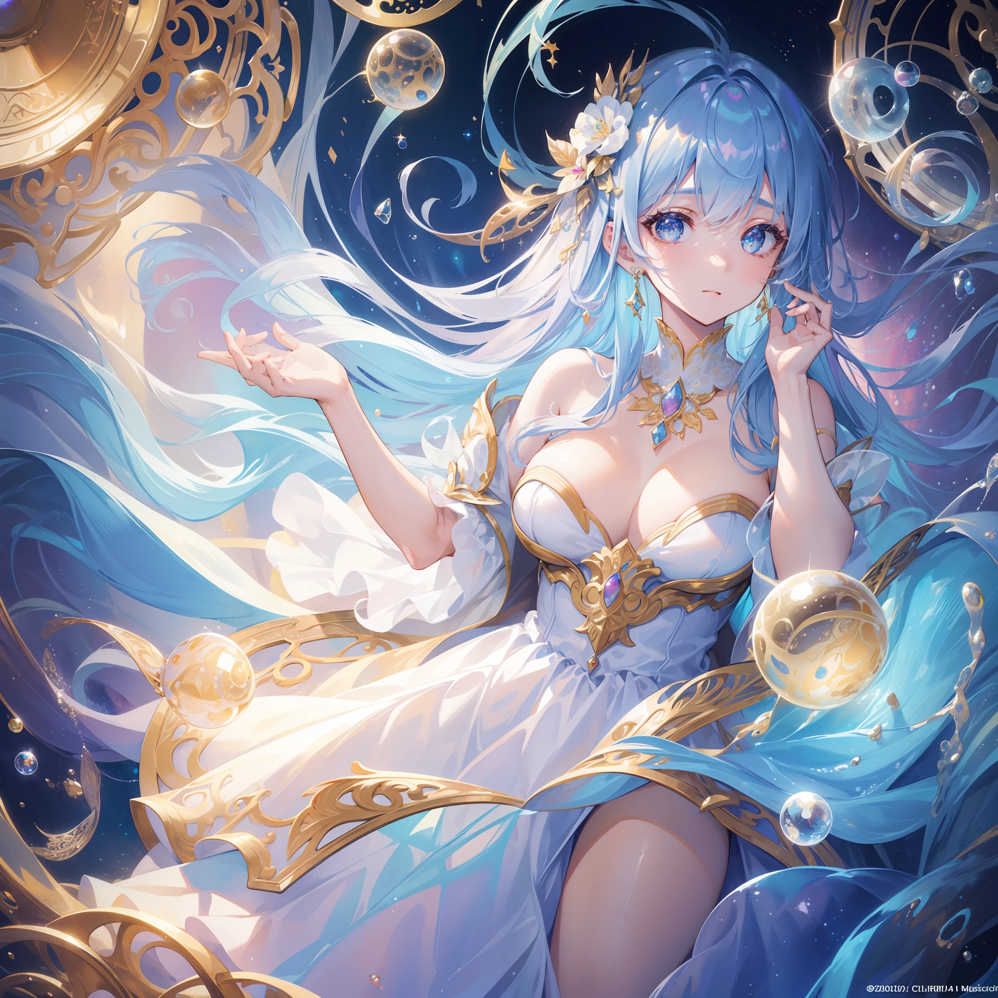masterpiece, best quality, 8k resolution, sharp focus, intricate detail, beautiful girl, sparkling eyes, golden ratio face, otherworldly liquid, watercolor, pastel colors, bright colors, whimsical, colorful, sharp focus, high resolution, fine detail, princess layered ballgown, ((round eyes)), iridescent bubbles, magical