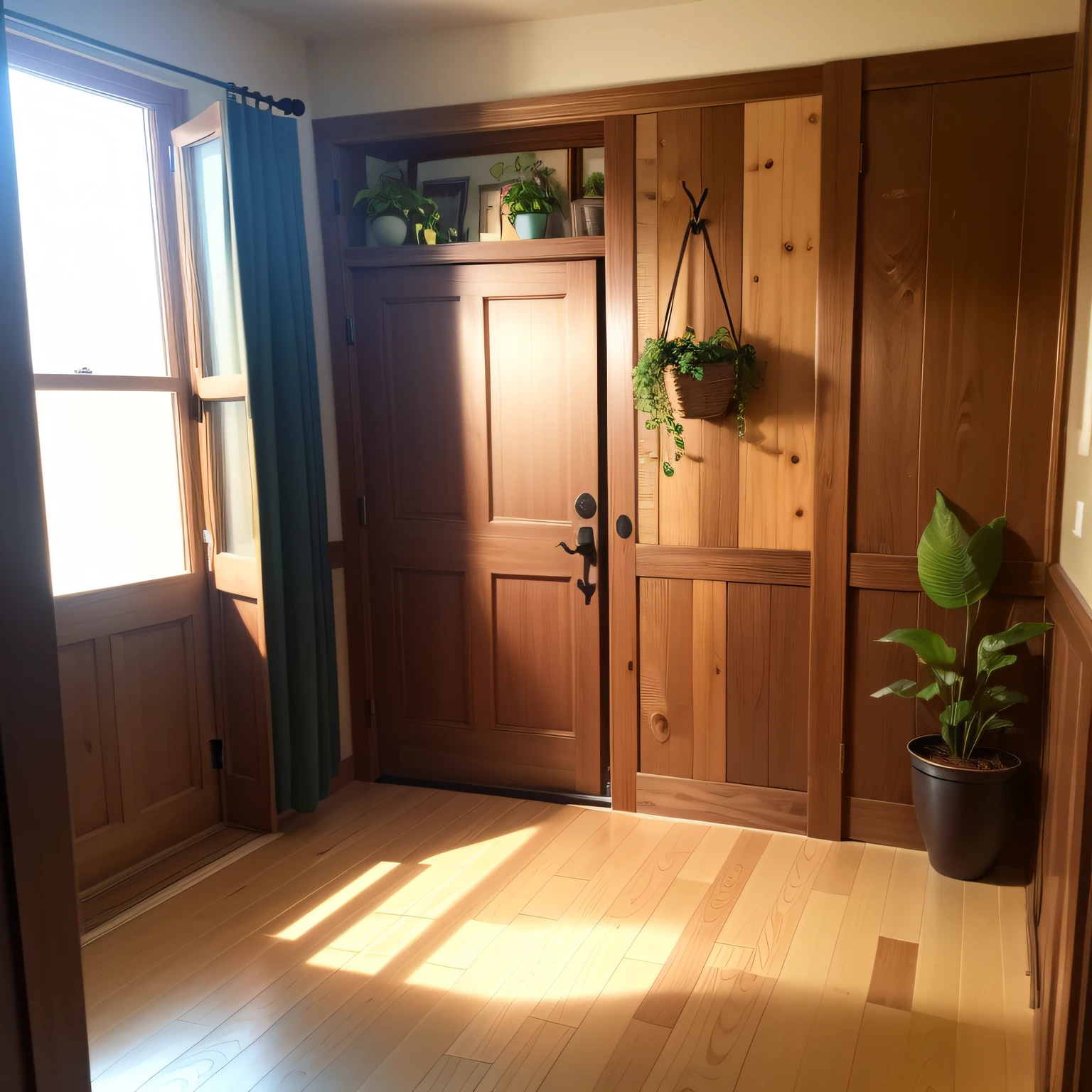 Empty room with background with wooden front wall and little decoration, prateleira com pequenas plantas e livros