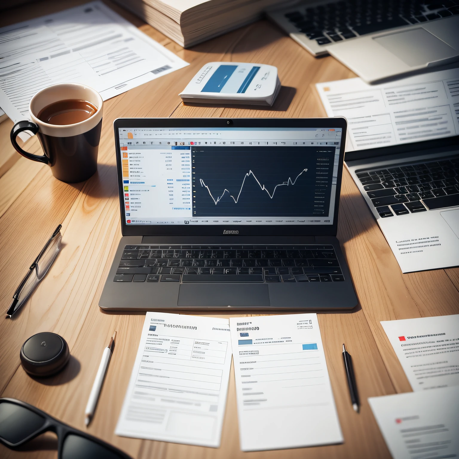Imagens realistas, pessoa trabalhando em um computados de mesa, digitando. On the table are scattered chart papers, contas a pagar, invoices bank slips. Imagem realista de um ser humano trabalhando, alta qualidade e nitidez, ultra realista. --auto
