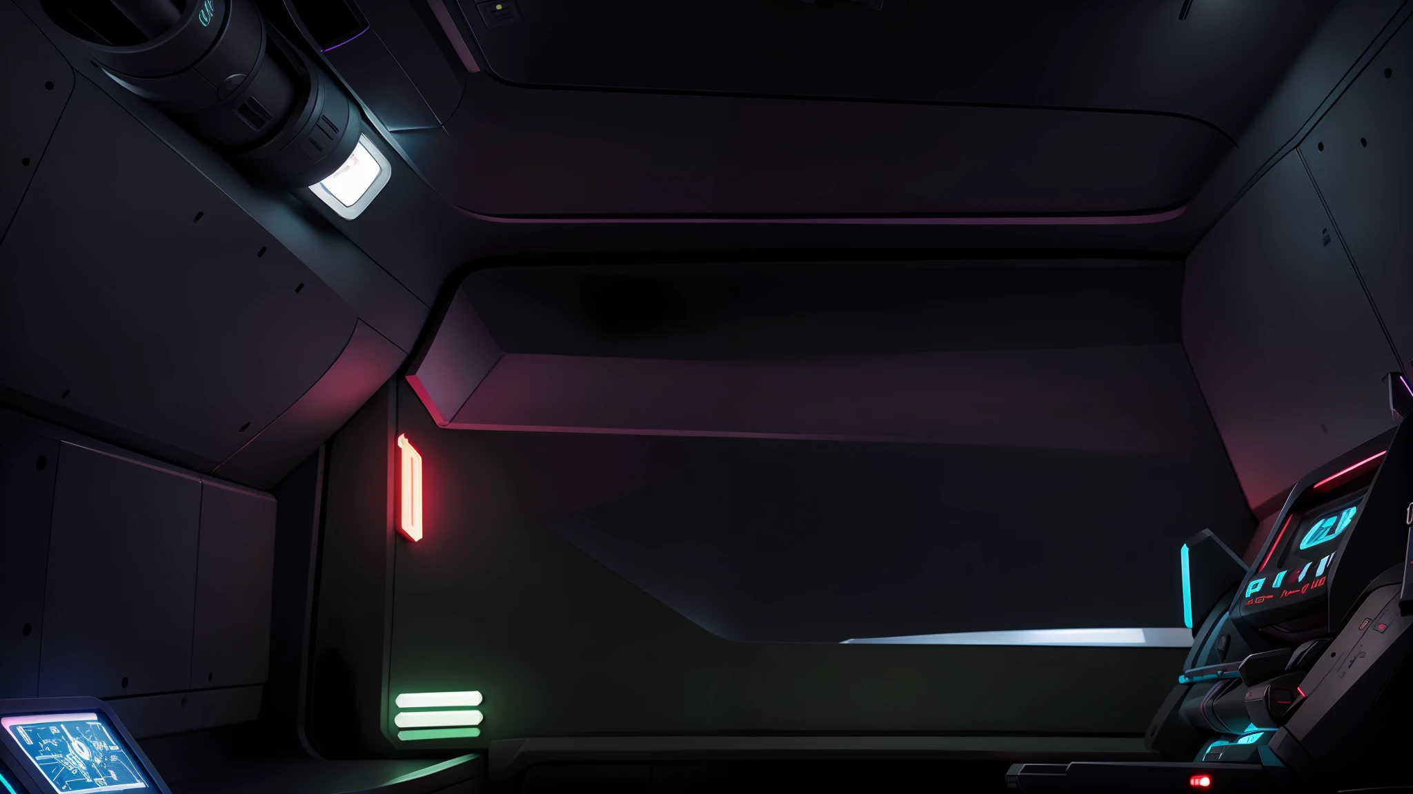 Uma cabine de comando de uma nave espacial, estilo cyberpunk, with vibrant neon lighting.