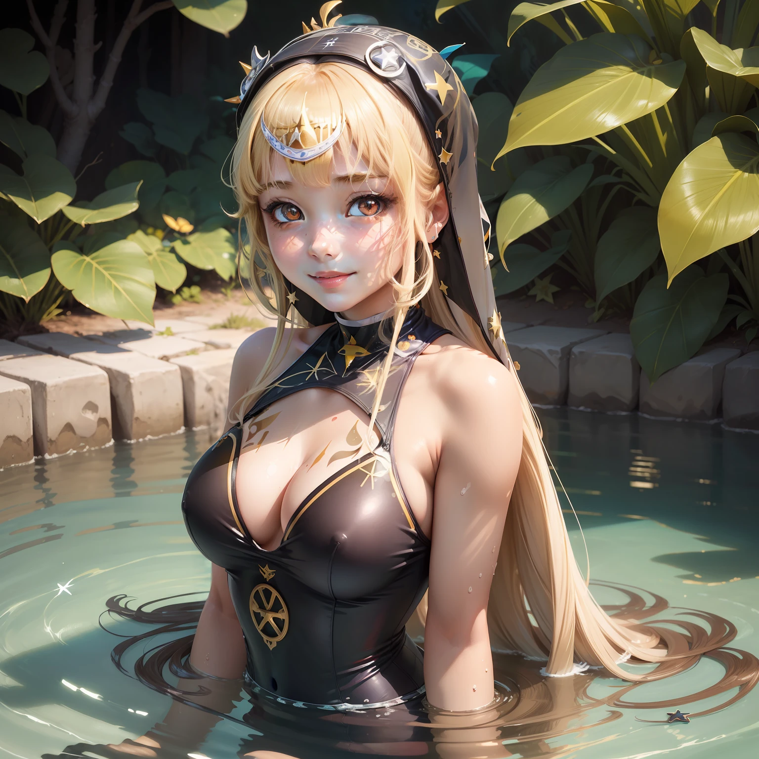 (masutepiece), (Best Quality), (Ultra-detailed), Photorealistic, (Best Illustration), (extremely delicate and beautiful), 1girl in, (Kuchik:2), Solo, (Close-up portrait), finely detailed iris, onepiece swimsuit, hairaccessories, (Sunlight:0.1), Twin-tailed, Large breasts, Hair Ribbon, multicolored hair, Long hair, nametag, (19:1.22),under the water, (Swimming), (Freediving), (Old School Swimsuit), Smile, Best Shadow, (star-shaped pupils:1.33), (Star \(symbol\):1.22), Red Eyes, naked girl , hiding chest with hands, (grin:0.6), ,