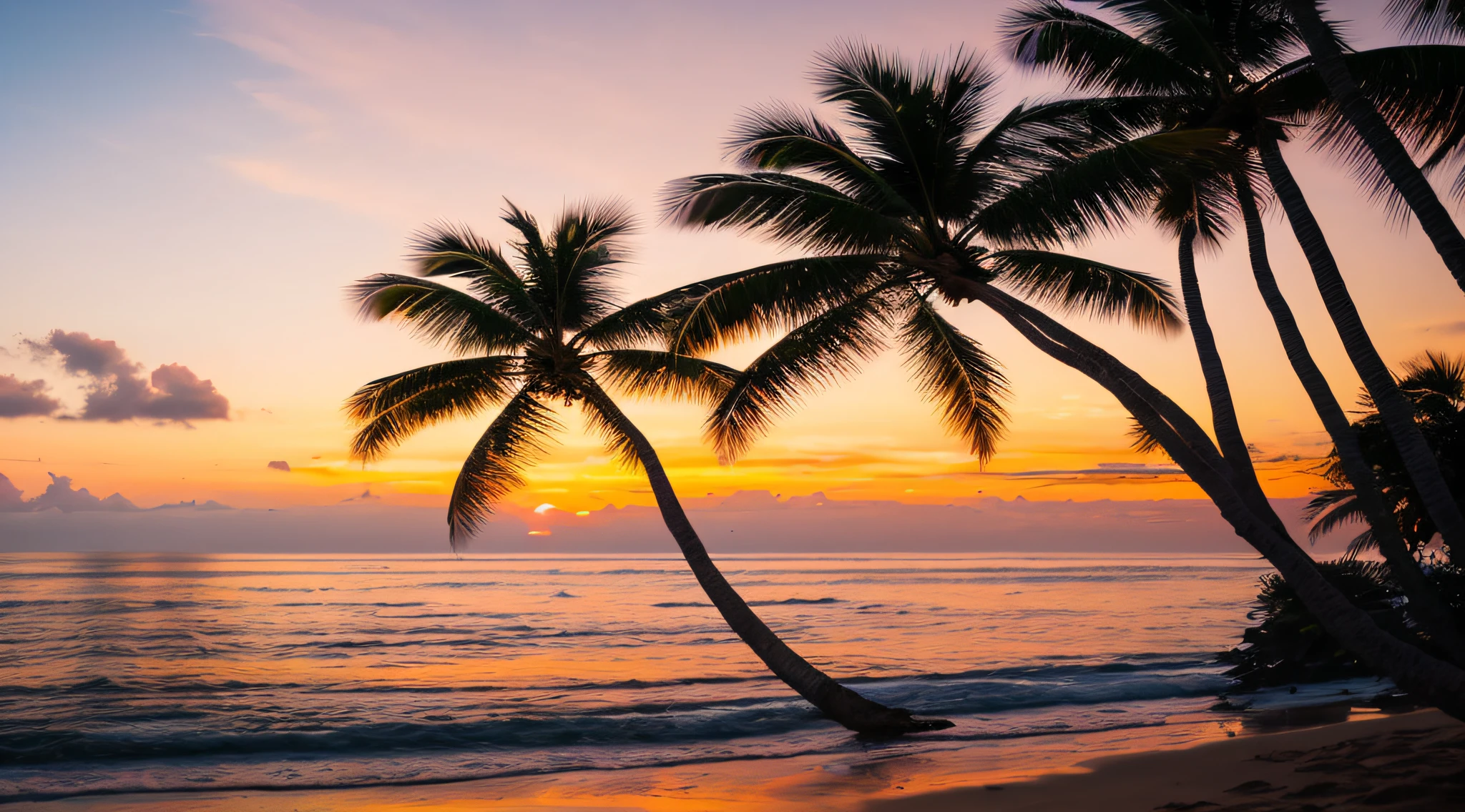 Sunset, palmeira, vista para o mar, Praia, mar, horizonte, heaven, Orange skye, Natureza, tropical, sereno, peaceful, Scenic, Landscape, 8k UHD, DSLR, soft lighting, alta qualidade