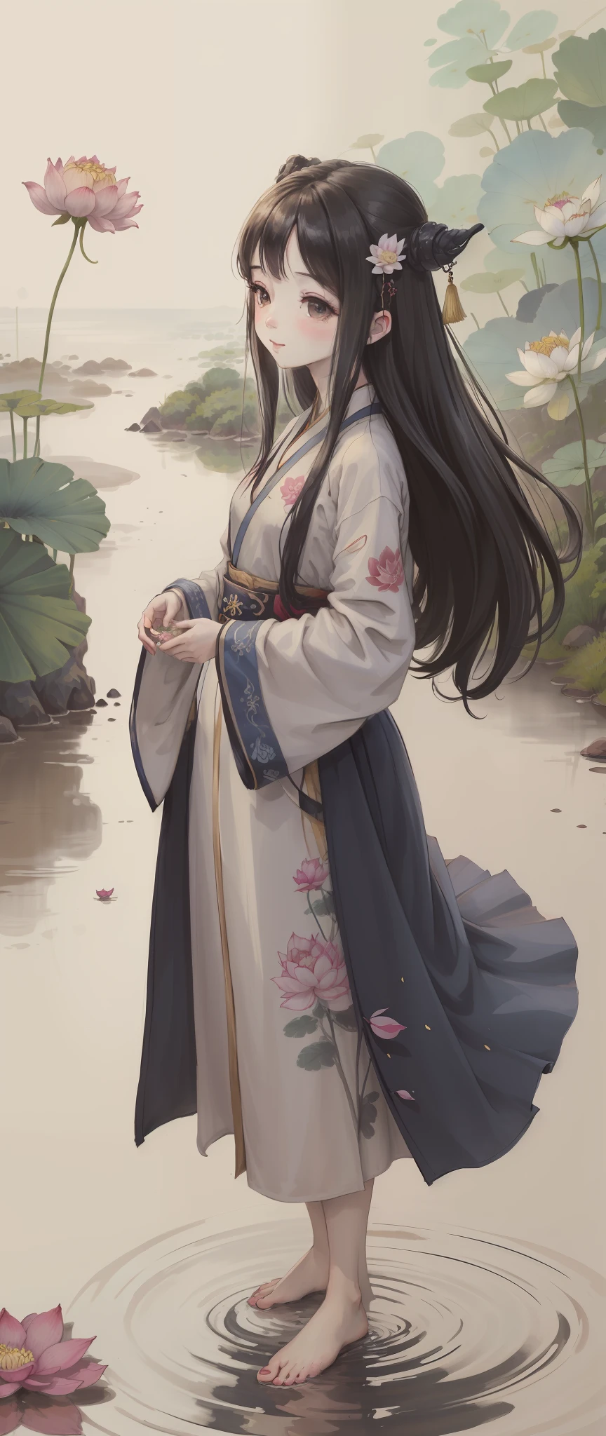 ((4K,Masterpiece,Best quality)), shuimobysim, Traditional Chinese painting, lotus flower, Hanfu, maxikit, Dress conservatively 1girl, Solo, Blue long hair, ssmile, standing on your feet, feet in water, The barefoot,