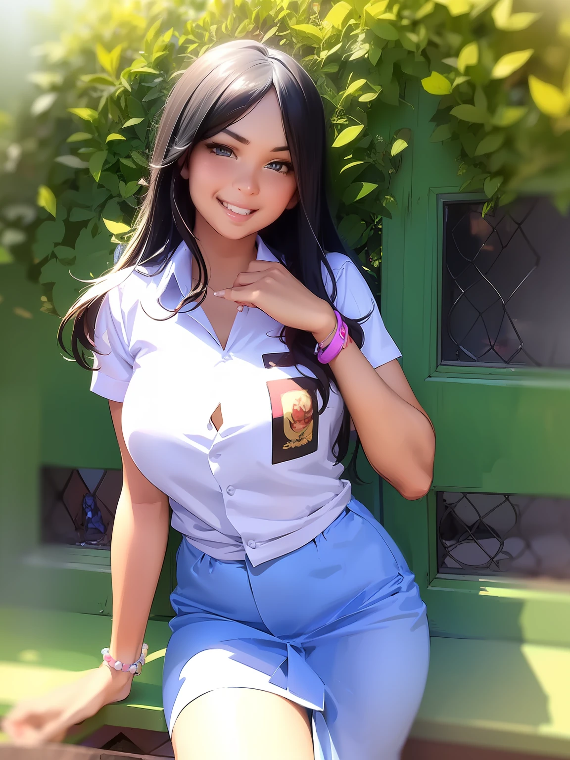 anime, 1girl, (Indonesian_high_school), outdoors, detailed face, detailed eyes, huge breasts, shiny skin, looking at the audience, (laughing cute: 1.2), (happy), (8k, RAW photo, best quality, masterpiece: 1.2), ultra-high resolution